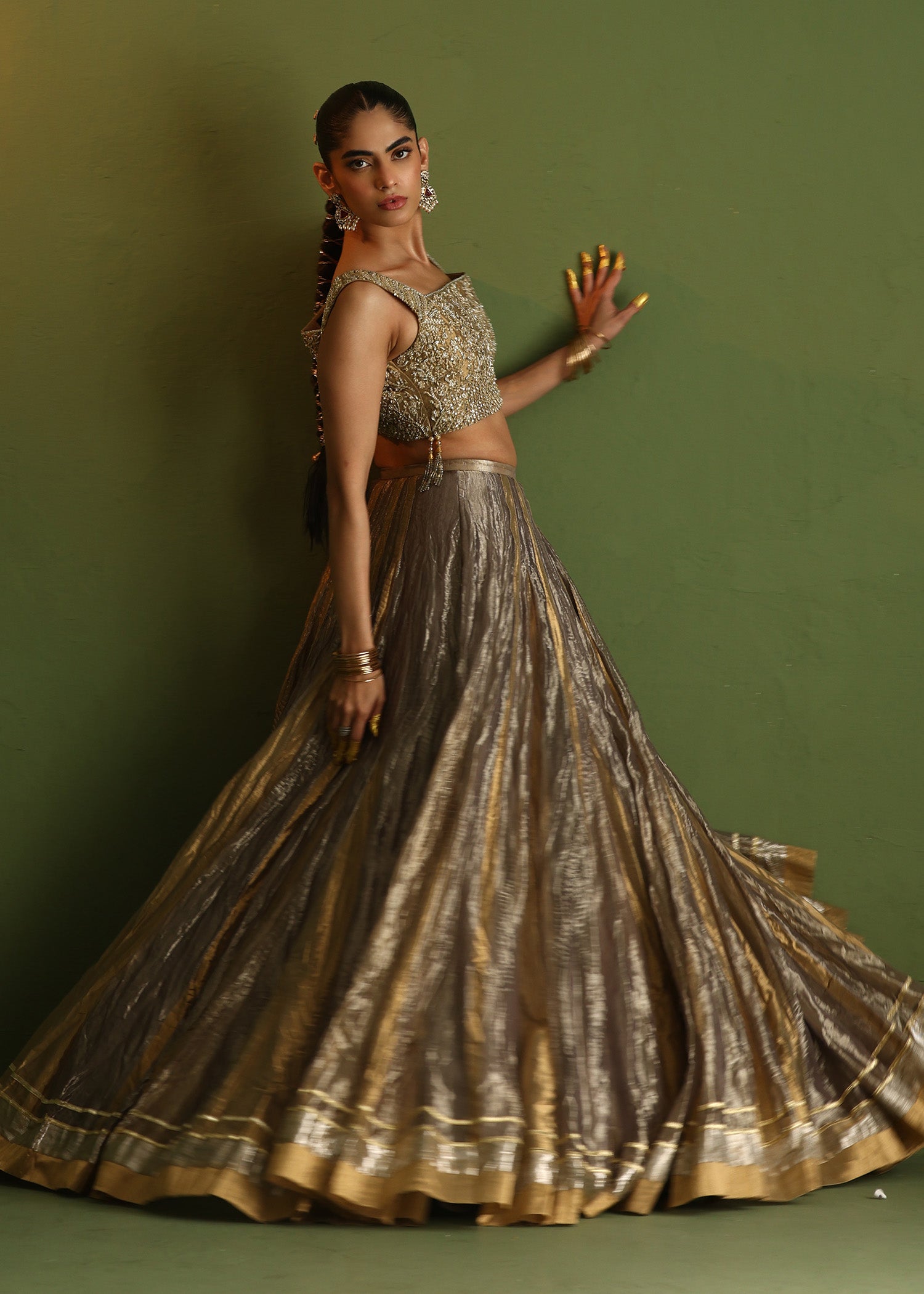 Pakistani Charcoal Grey Embellished Lama Lehenga (3-Piece) - Image 9