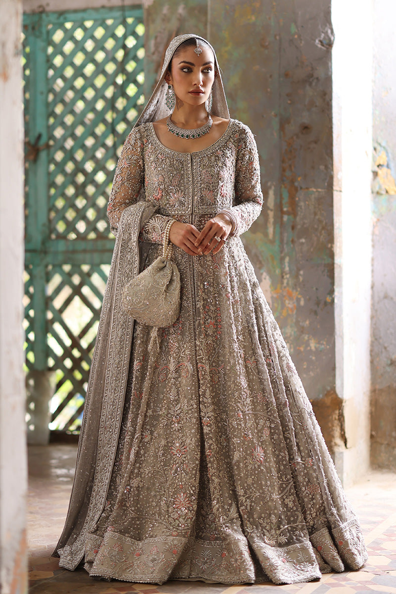 Grey Embroidered Net & Lame Tissue Bridal Lehenga (3-Piece) - Image 1