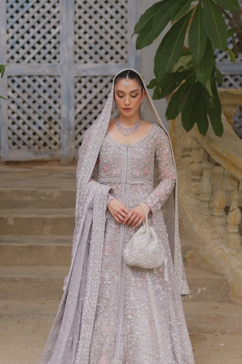 Grey Embroidered Net & Lame Tissue Bridal Lehenga (3-Piece) - Image 10