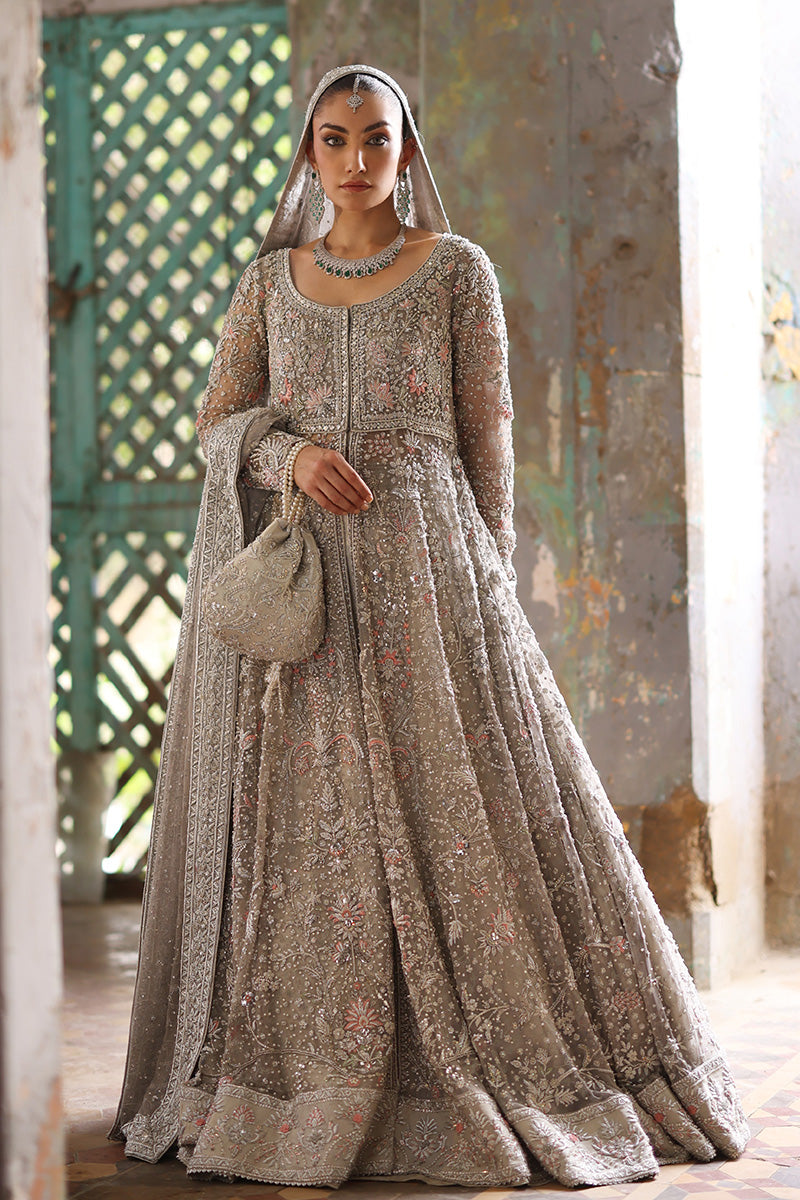 Grey Embroidered Net & Lame Tissue Bridal Lehenga (3-Piece) - Image 2