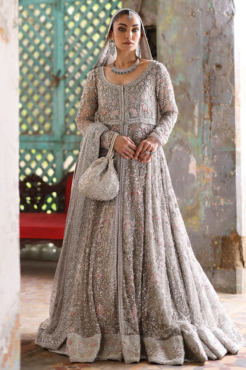 Grey Embroidered Net & Lame Tissue Bridal Lehenga (3-Piece) - Image 3