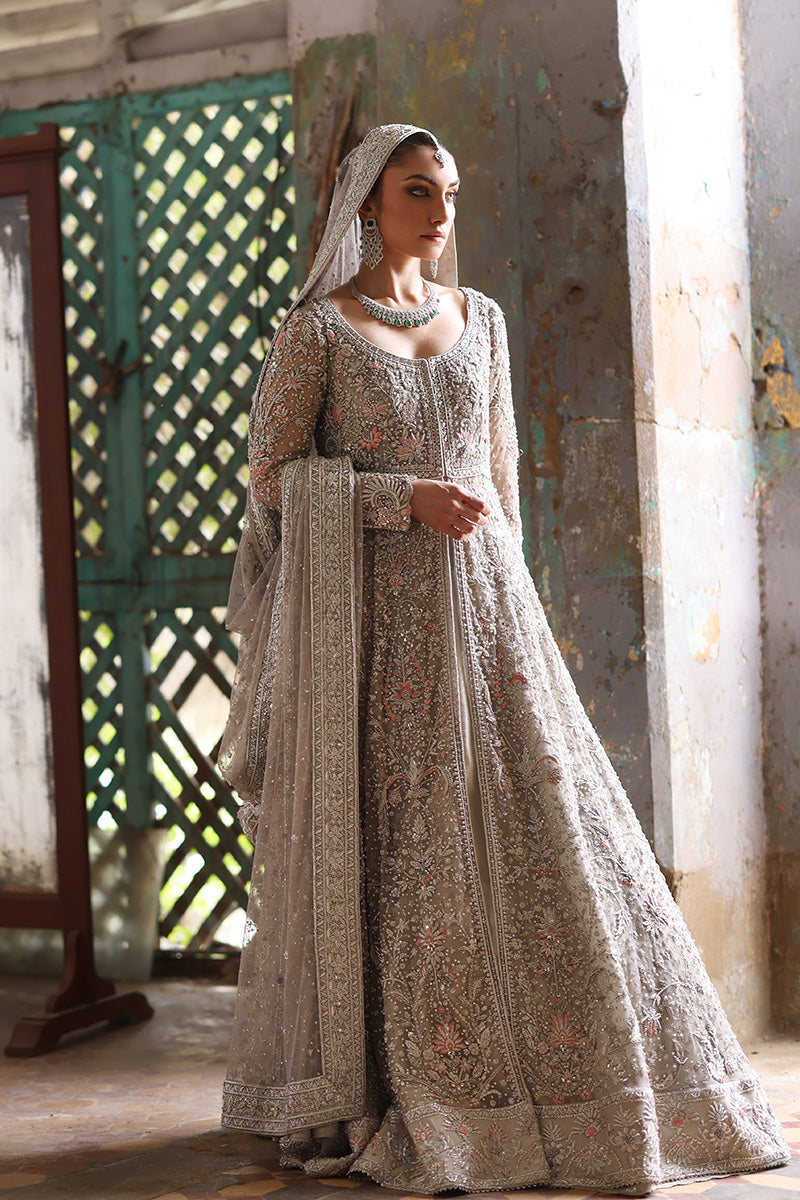 Grey Embroidered Net & Lame Tissue Bridal Lehenga (3-Piece) - Image 4