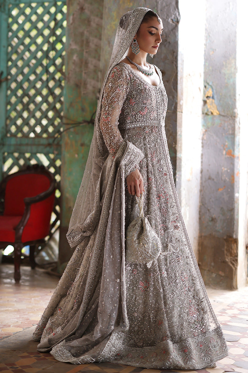 Grey Embroidered Net & Lame Tissue Bridal Lehenga (3-Piece) - Image 5
