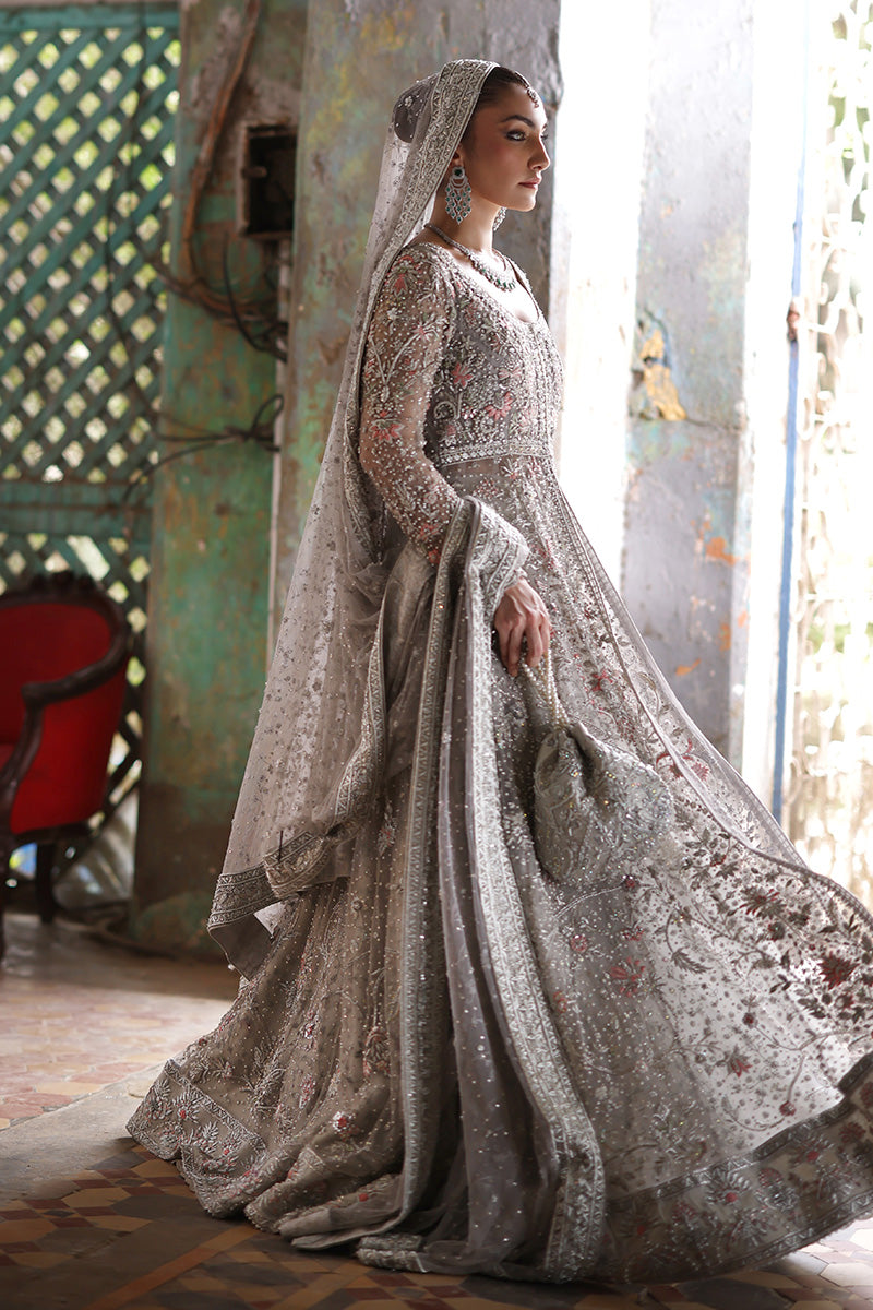 Grey Embroidered Net & Lame Tissue Bridal Lehenga (3-Piece) - Image 6