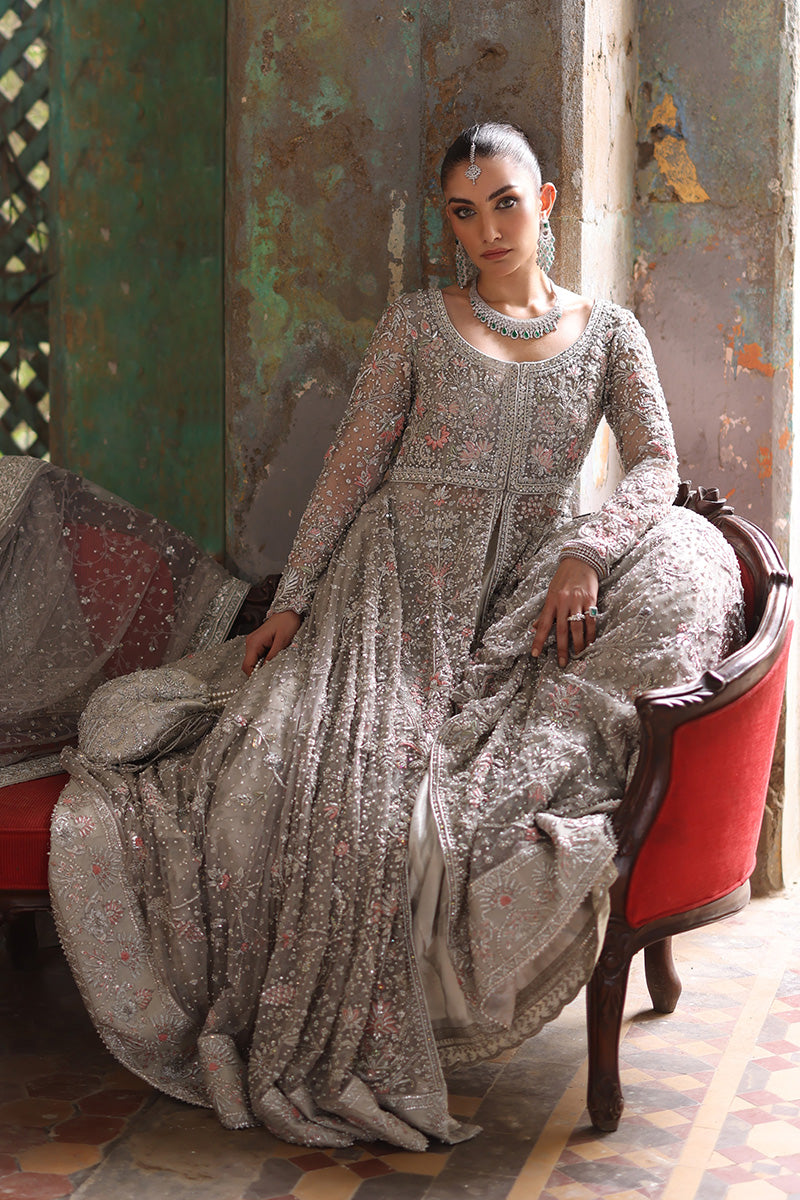 Grey Embroidered Net & Lame Tissue Bridal Lehenga (3-Piece) - Image 8