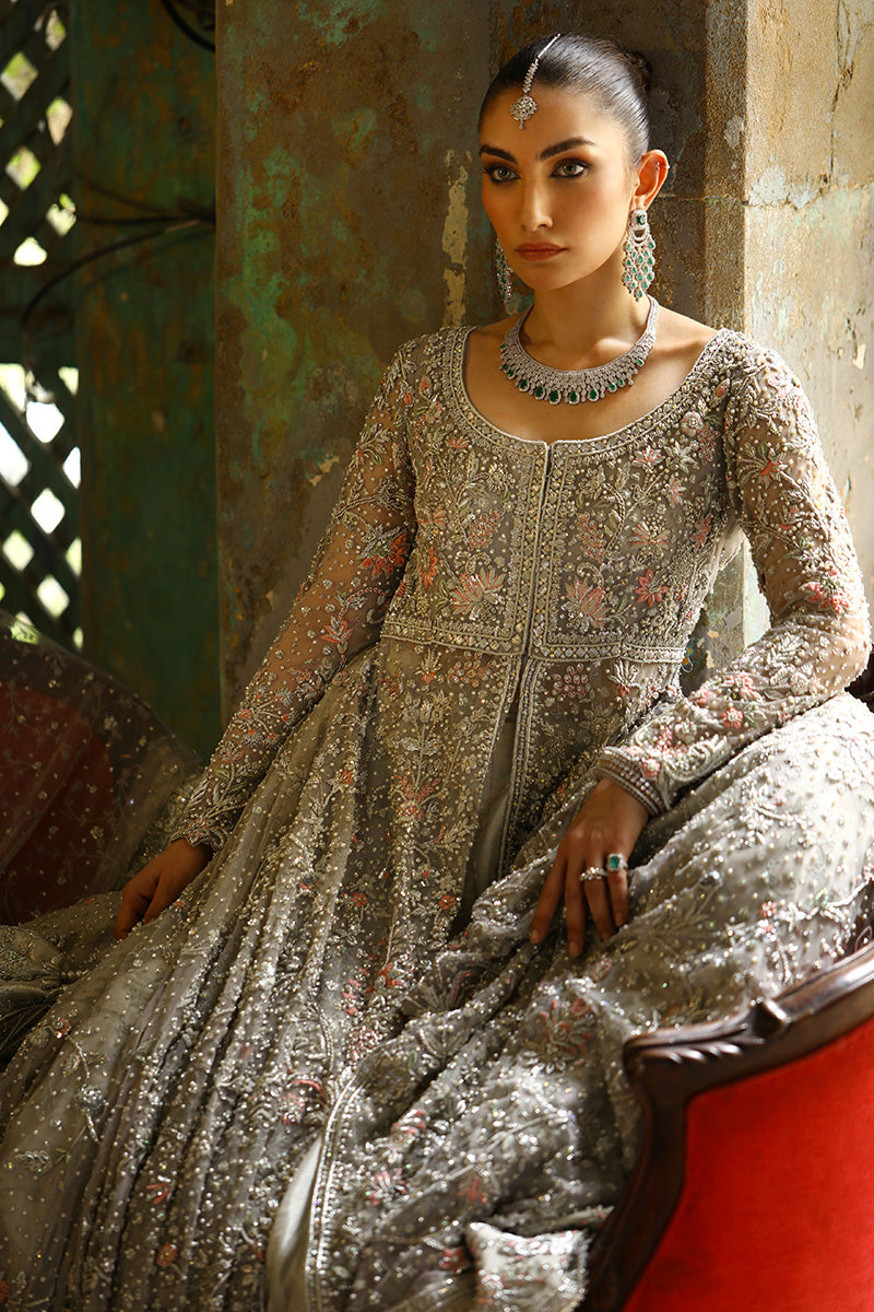 Grey Embroidered Net & Lame Tissue Bridal Lehenga (3-Piece) - Image 9