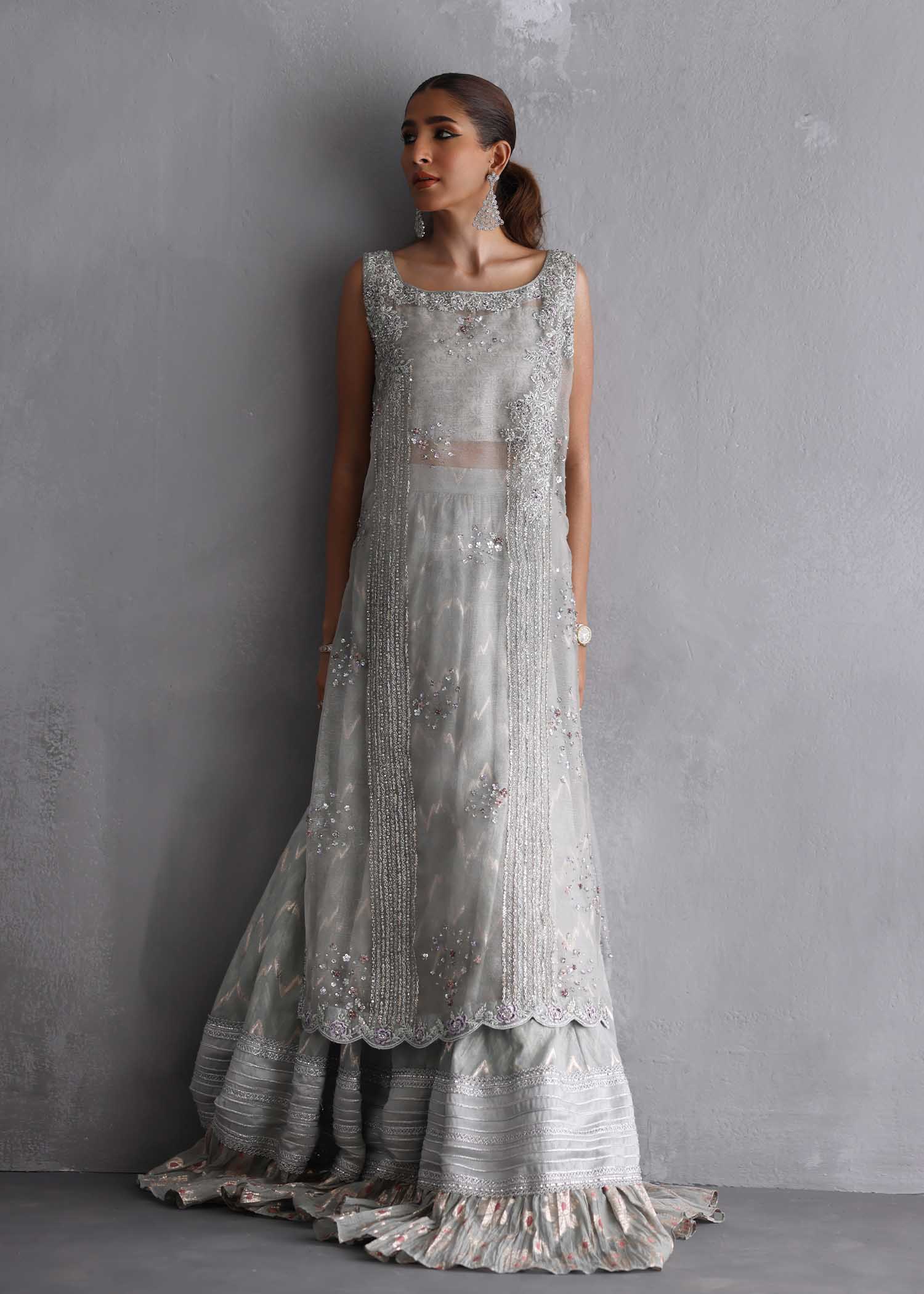 Steel Grey Embroidered Silk Maysori Farshi Lehenga (3-Piece) - Image 1