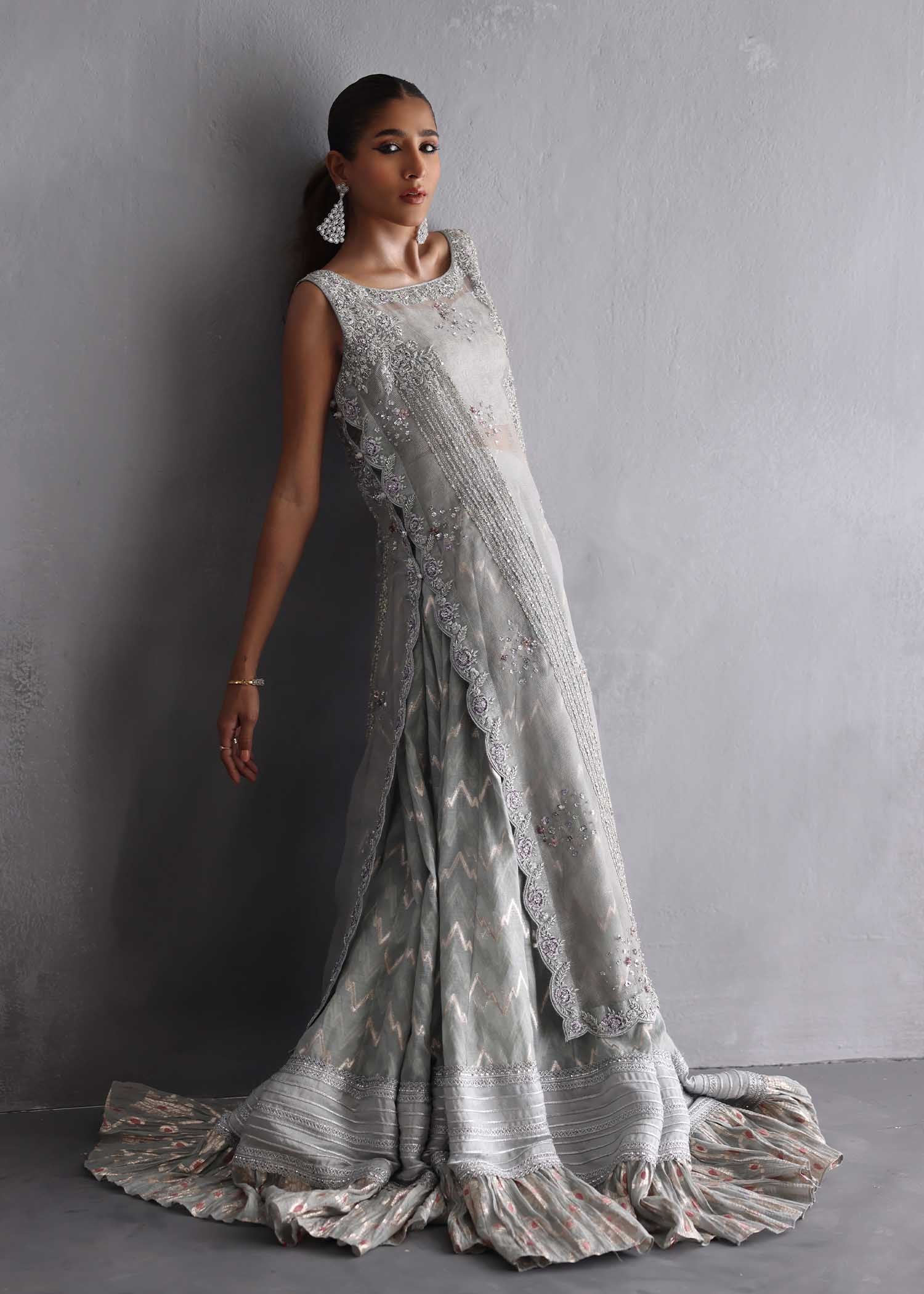 Steel Grey Embroidered Silk Maysori Farshi Lehenga (3-Piece) - Image 3