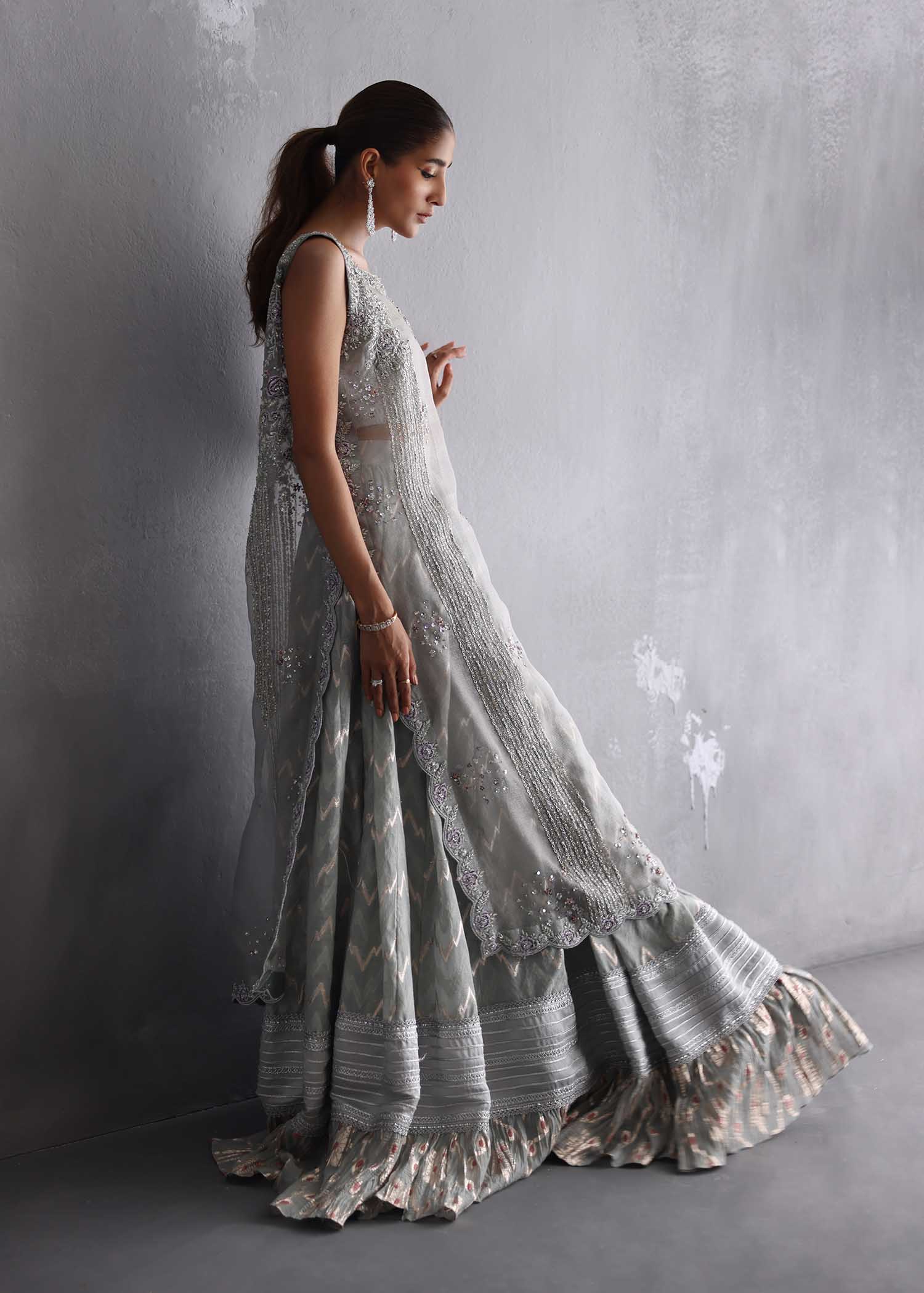 Steel Grey Embroidered Silk Maysori Farshi Lehenga (3-Piece) - Image 4