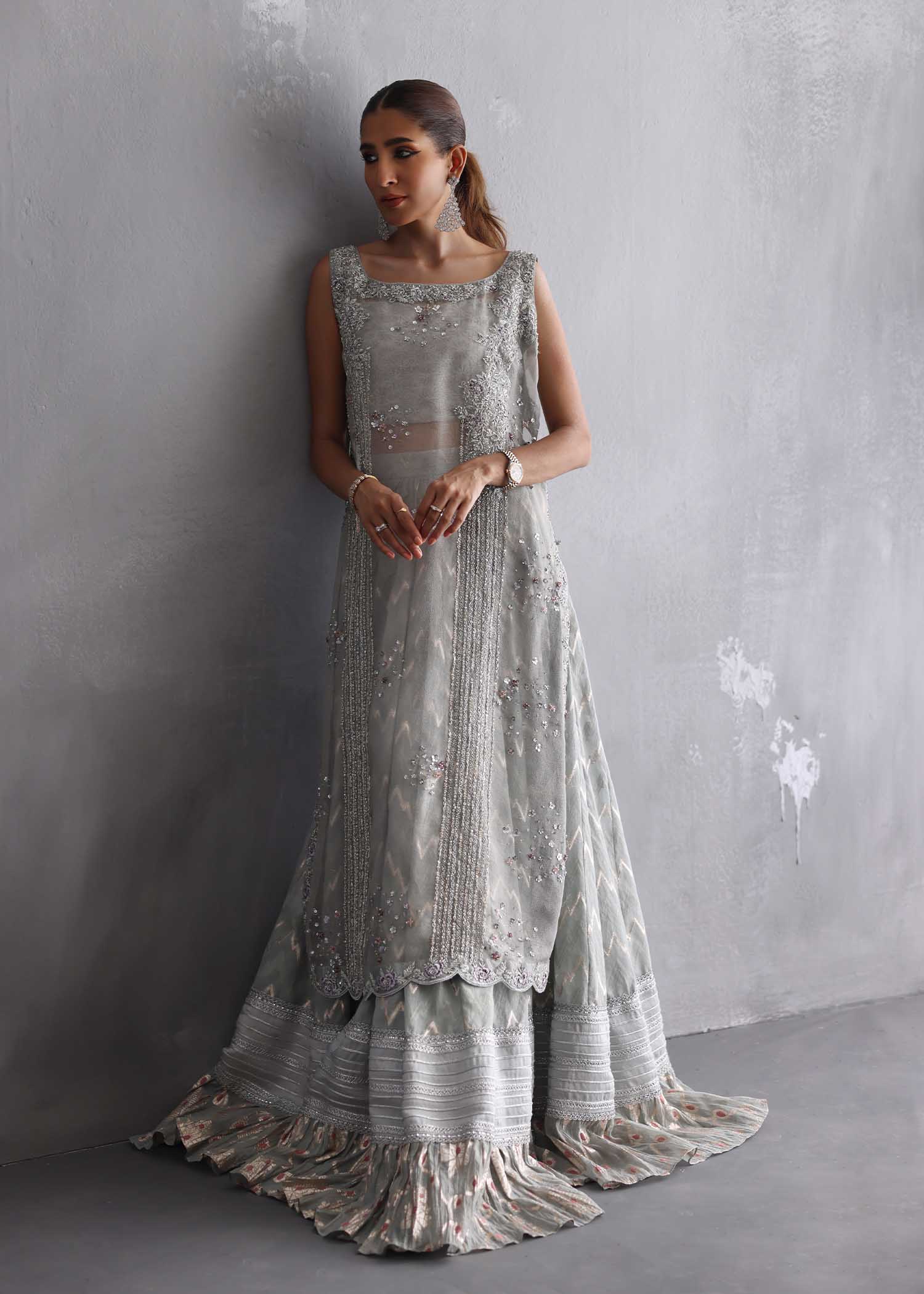 Steel Grey Embroidered Silk Maysori Farshi Lehenga (3-Piece) - Image 5