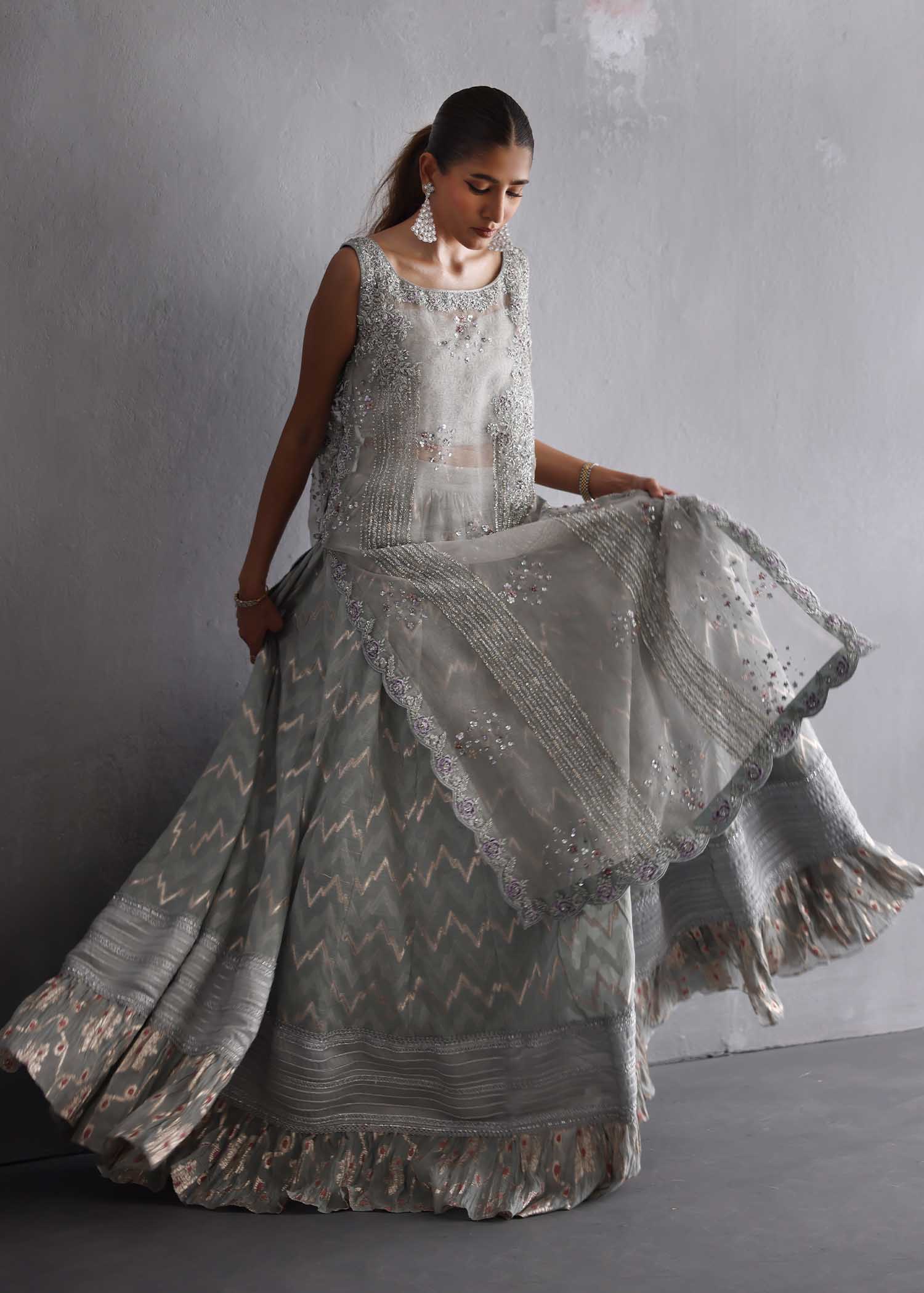 Steel Grey Embroidered Silk Maysori Farshi Lehenga (3-Piece) - Image 6