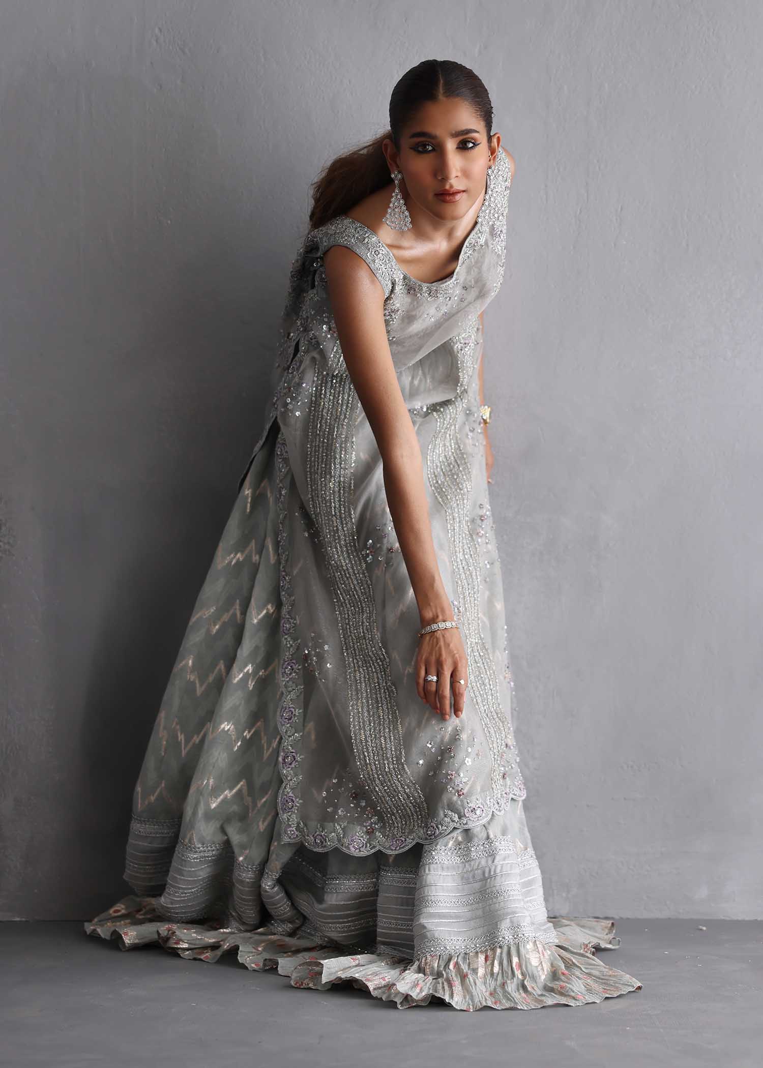 Steel Grey Embroidered Silk Maysori Farshi Lehenga (3-Piece) - Image 7