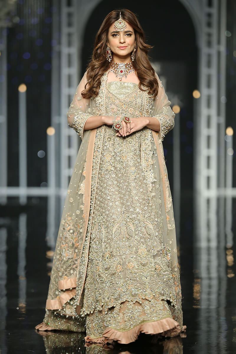 Grey and Peach 3D Embroidered Net Lehenga Gown (3-Piece) - Image 1