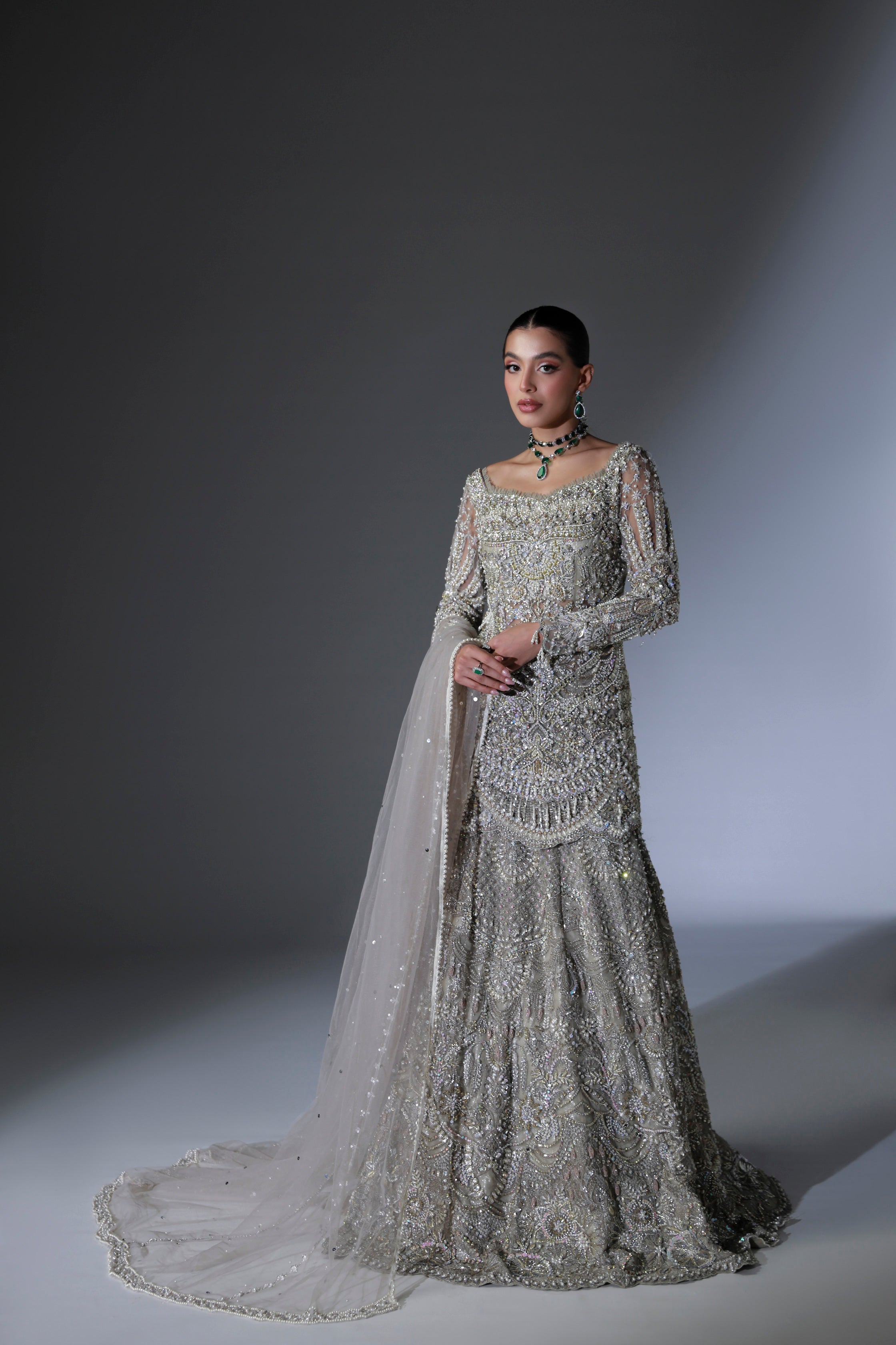 Pakistani Moon Grey Hand-Embellished Net Bridal Lehenga (3-Piece) - Image 1