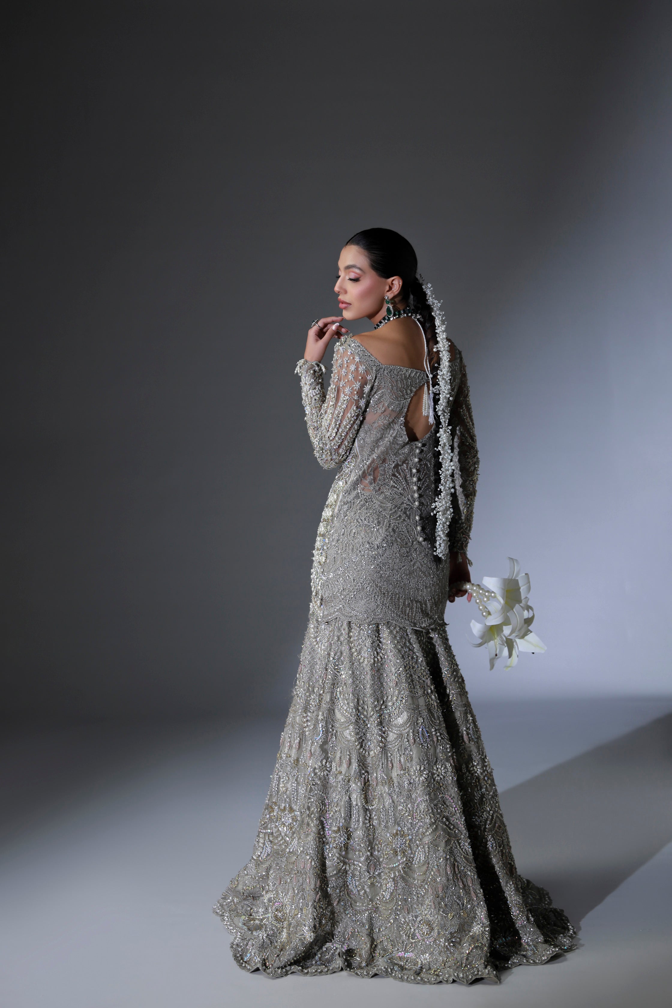 Pakistani Moon Grey Hand-Embellished Net Bridal Lehenga (3-Piece) - Image 10