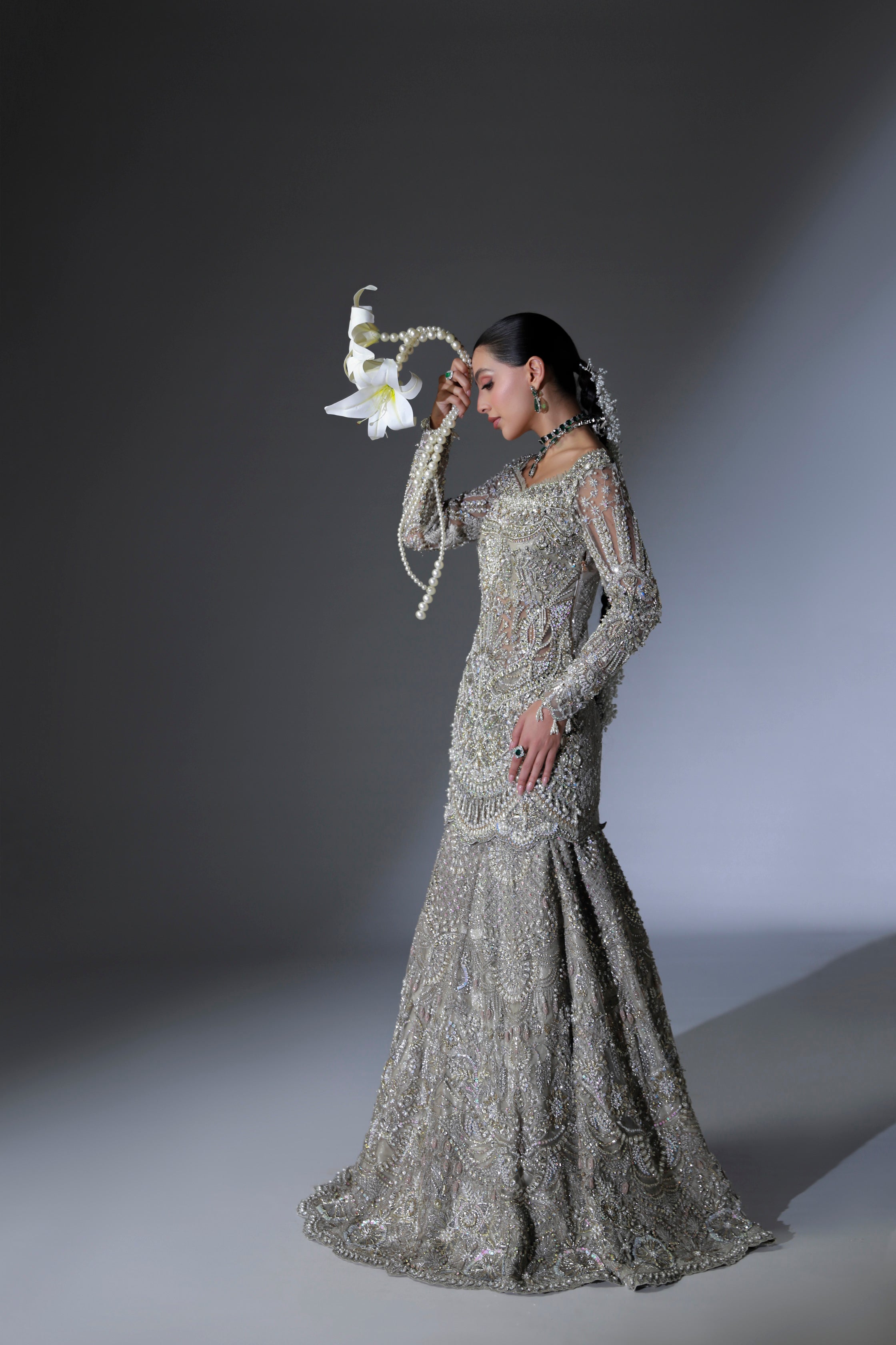 Pakistani Moon Grey Hand-Embellished Net Bridal Lehenga (3-Piece) - Image 12