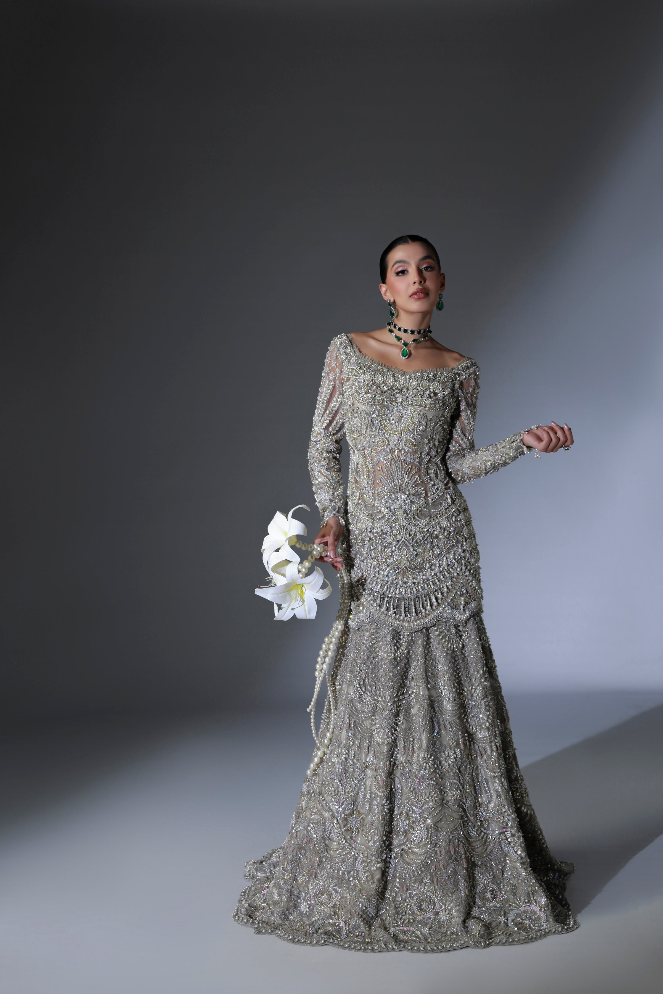Pakistani Moon Grey Hand-Embellished Net Bridal Lehenga (3-Piece) - Image 13