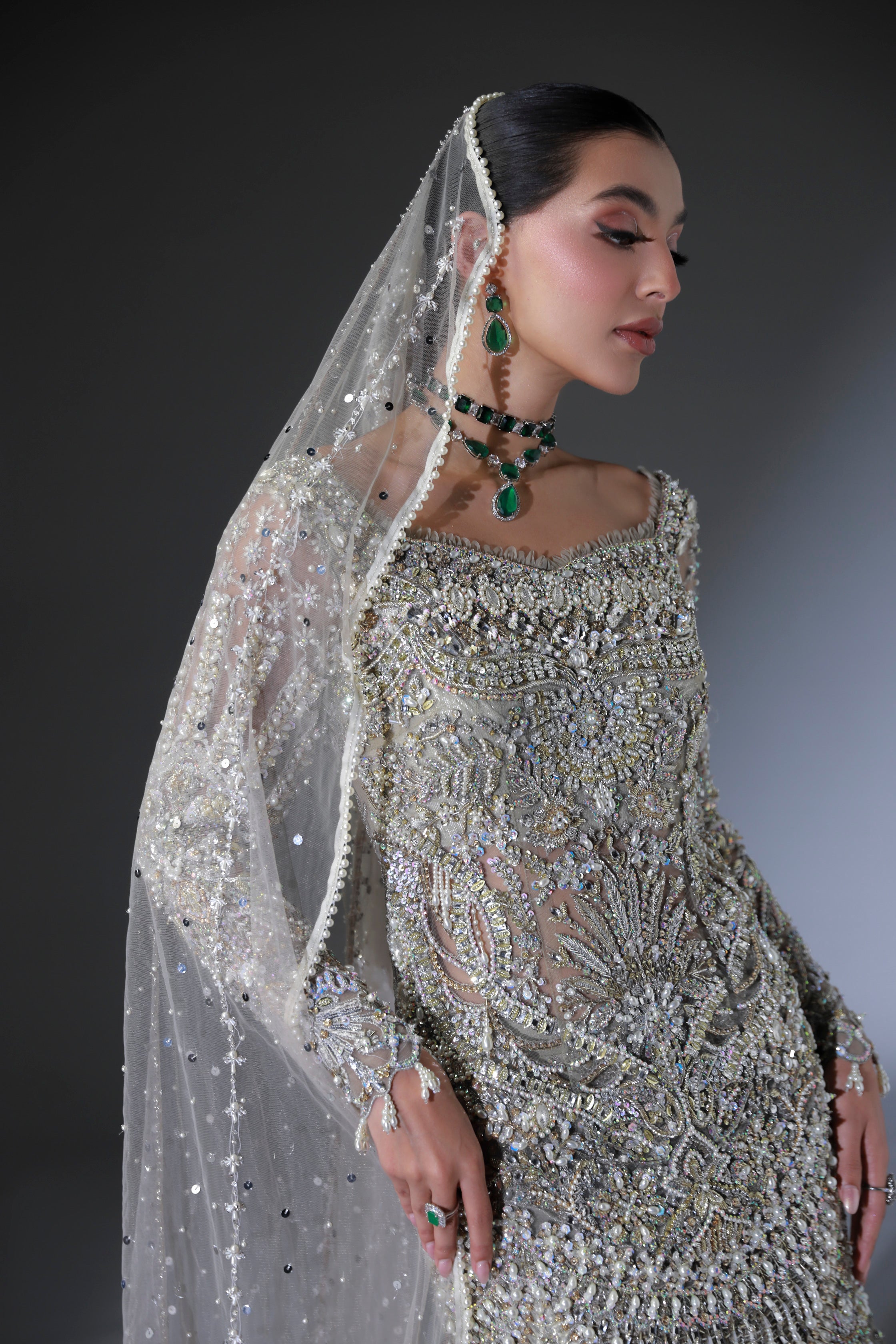 Pakistani Moon Grey Hand-Embellished Net Bridal Lehenga (3-Piece) - Image 15