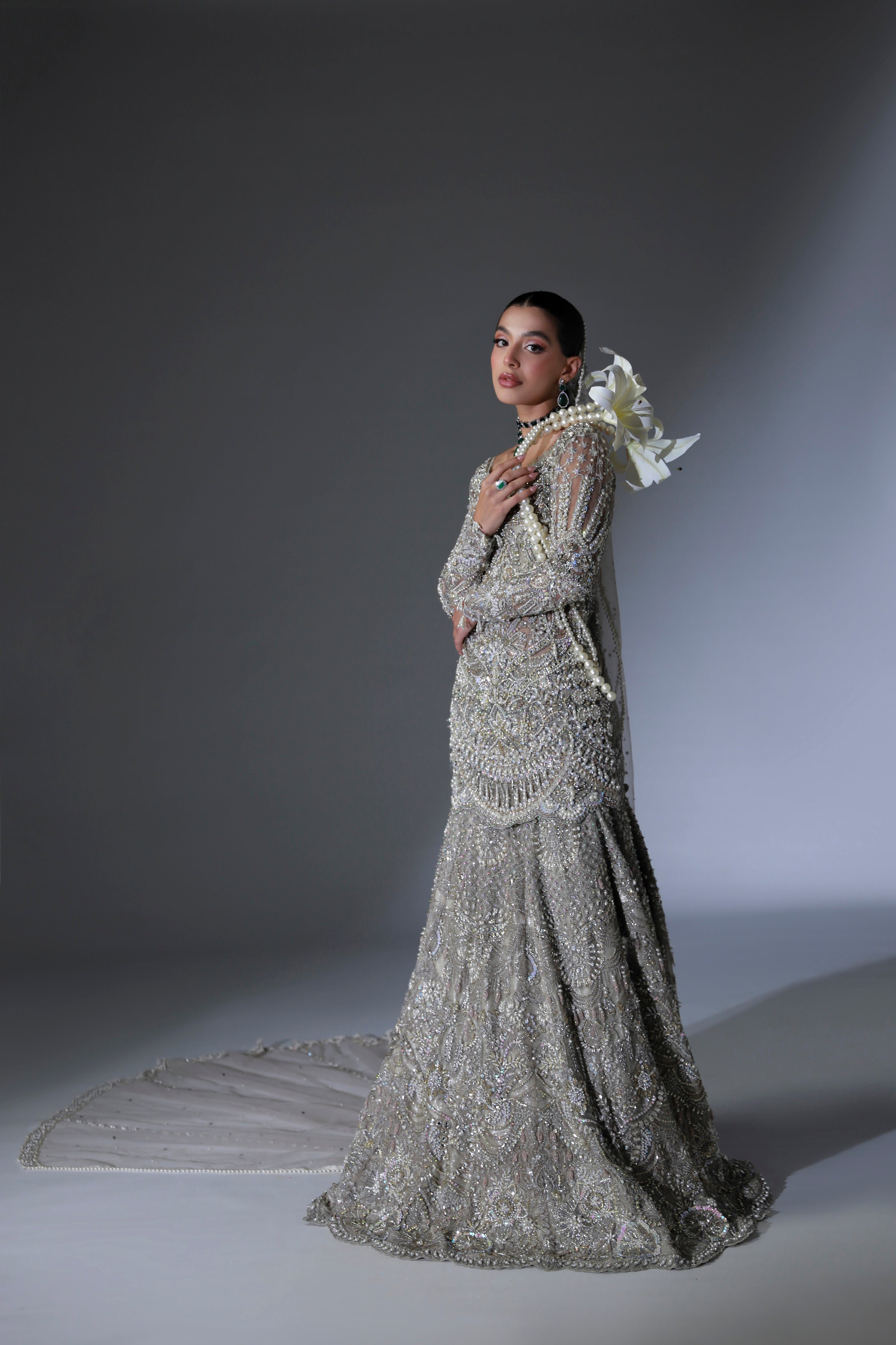Pakistani Moon Grey Hand-Embellished Net Bridal Lehenga (3-Piece) - Image 16