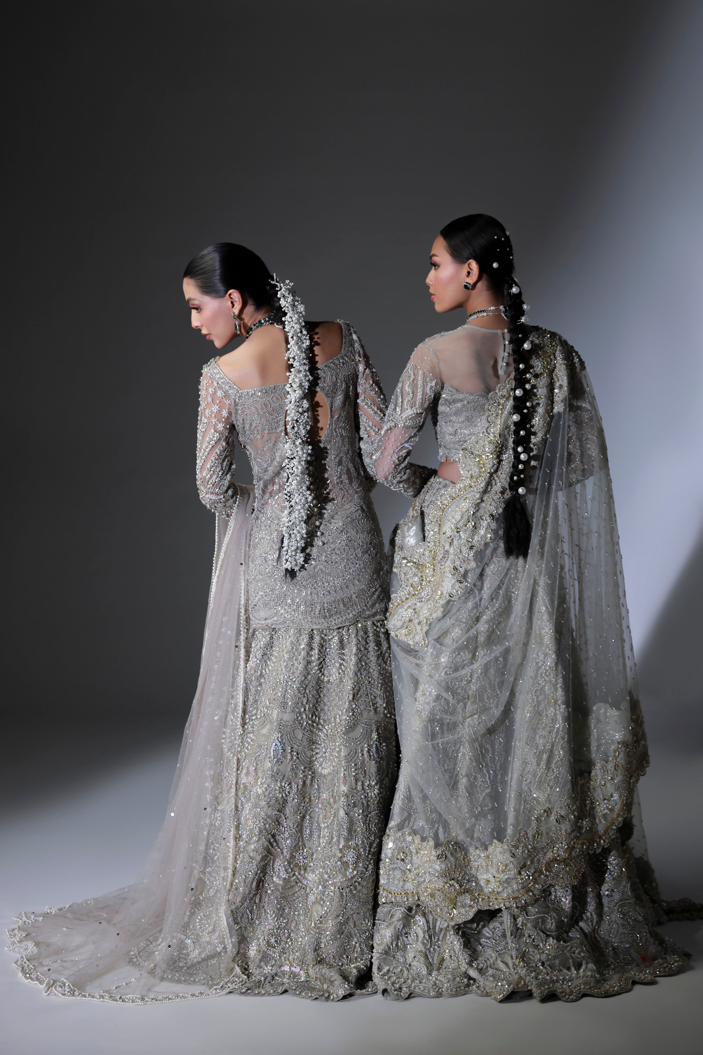 Pakistani Moon Grey Hand-Embellished Net Bridal Lehenga (3-Piece) - Image 19