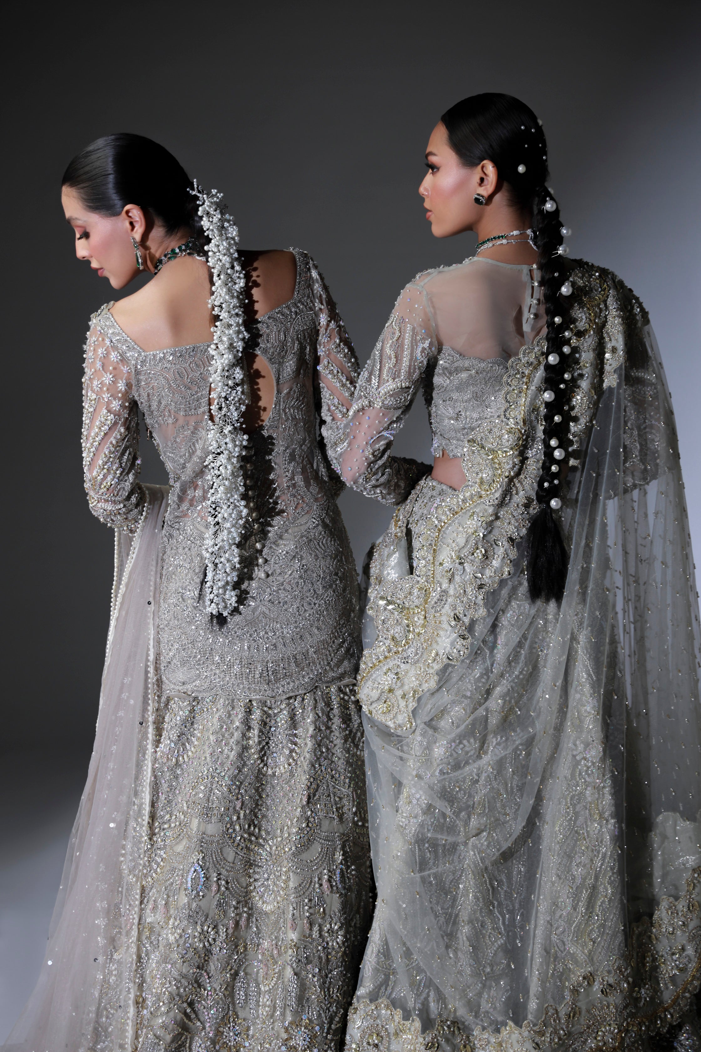 Pakistani Moon Grey Hand-Embellished Net Bridal Lehenga (3-Piece) - Image 22