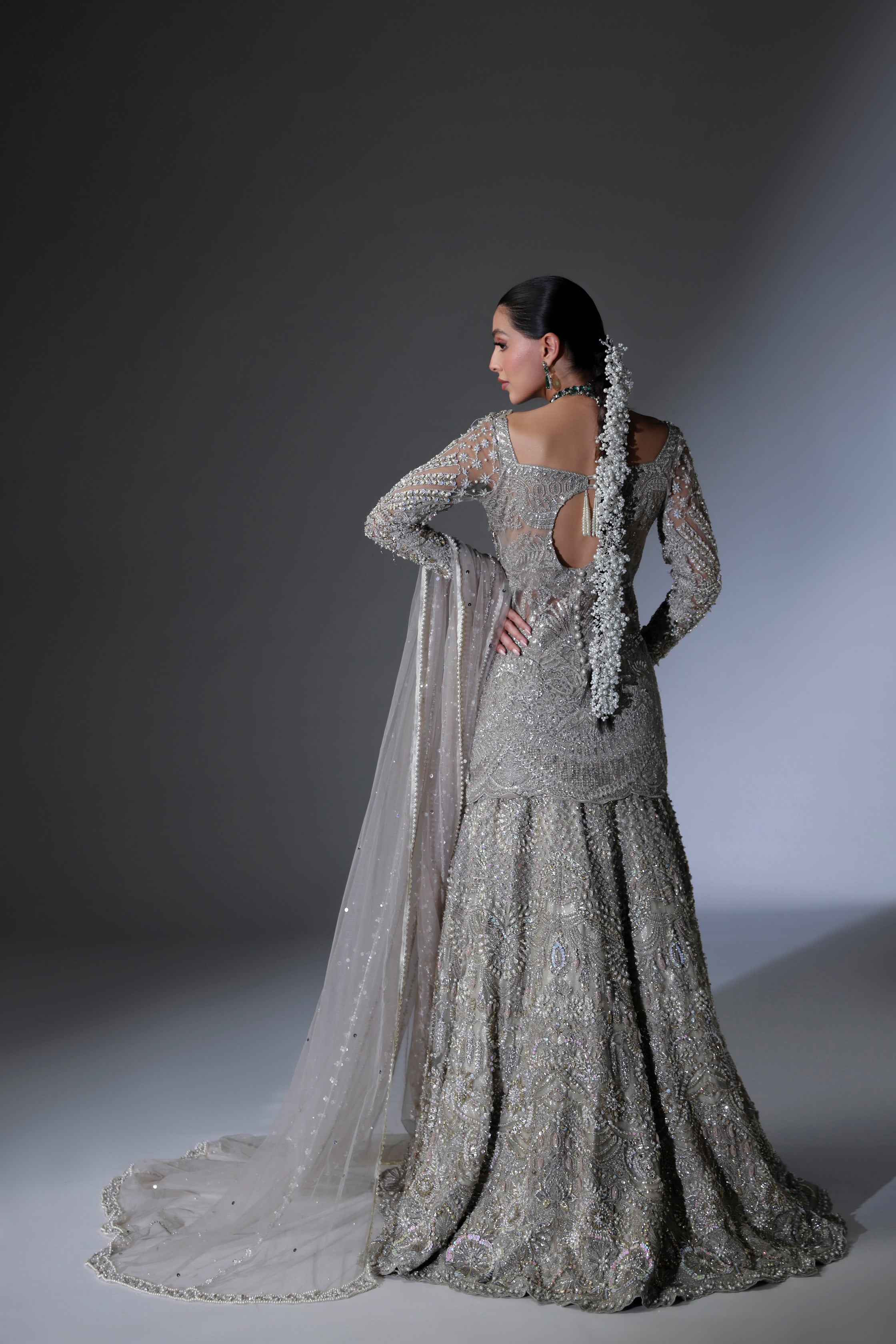Pakistani Moon Grey Hand-Embellished Net Bridal Lehenga (3-Piece) - Image 4