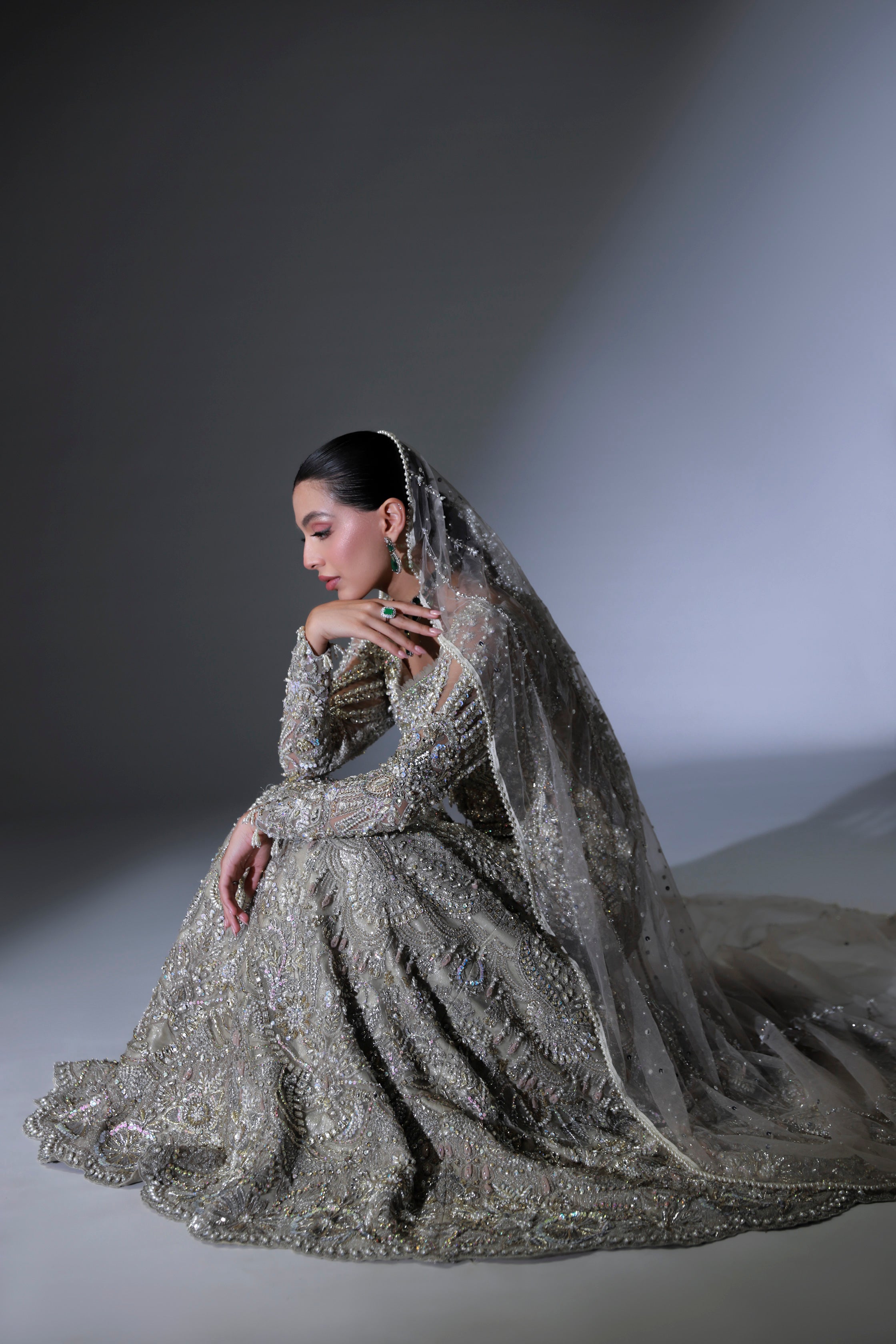 Pakistani Moon Grey Hand-Embellished Net Bridal Lehenga (3-Piece) - Image 5