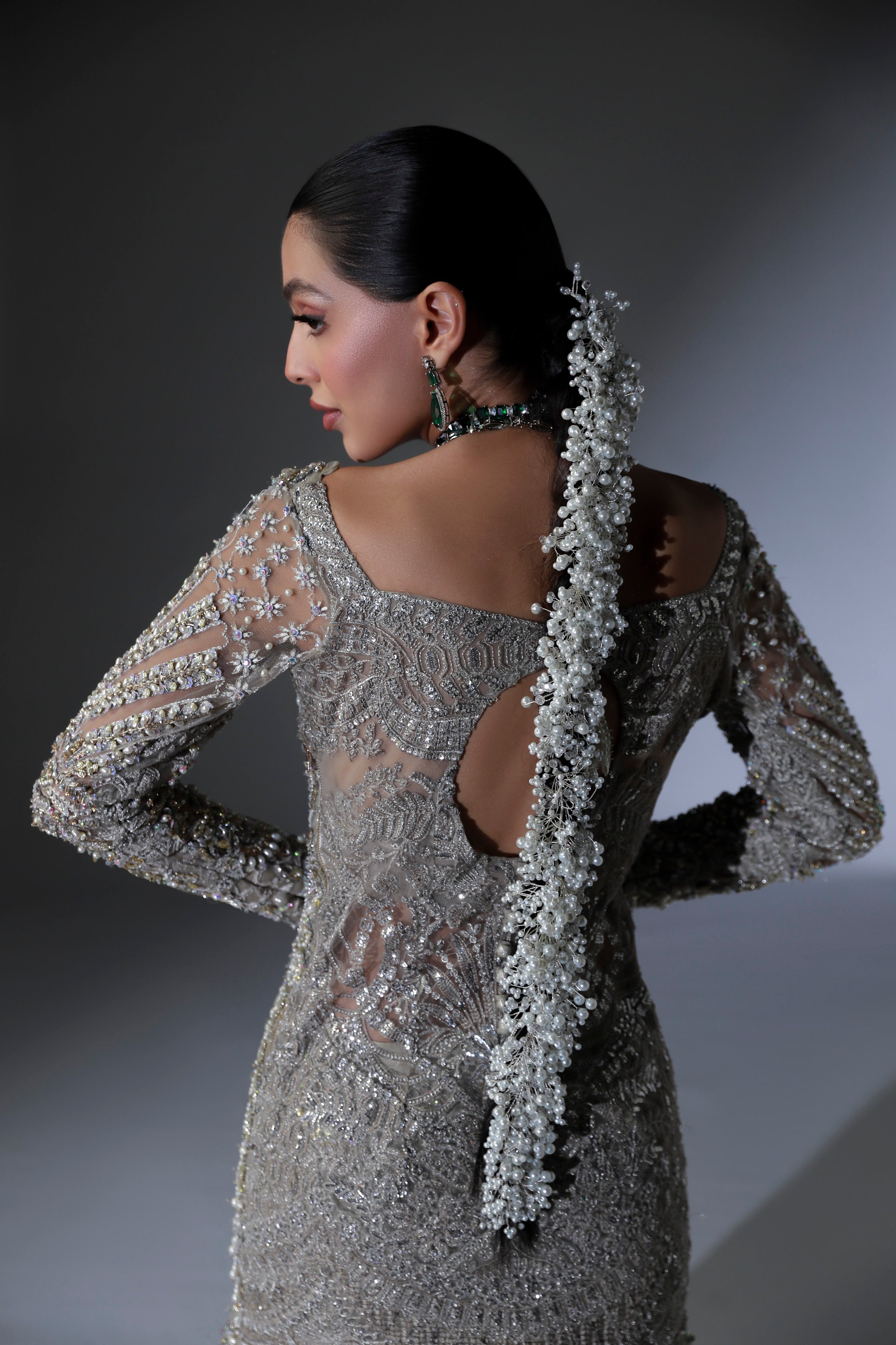 Pakistani Moon Grey Hand-Embellished Net Bridal Lehenga (3-Piece) - Image 8