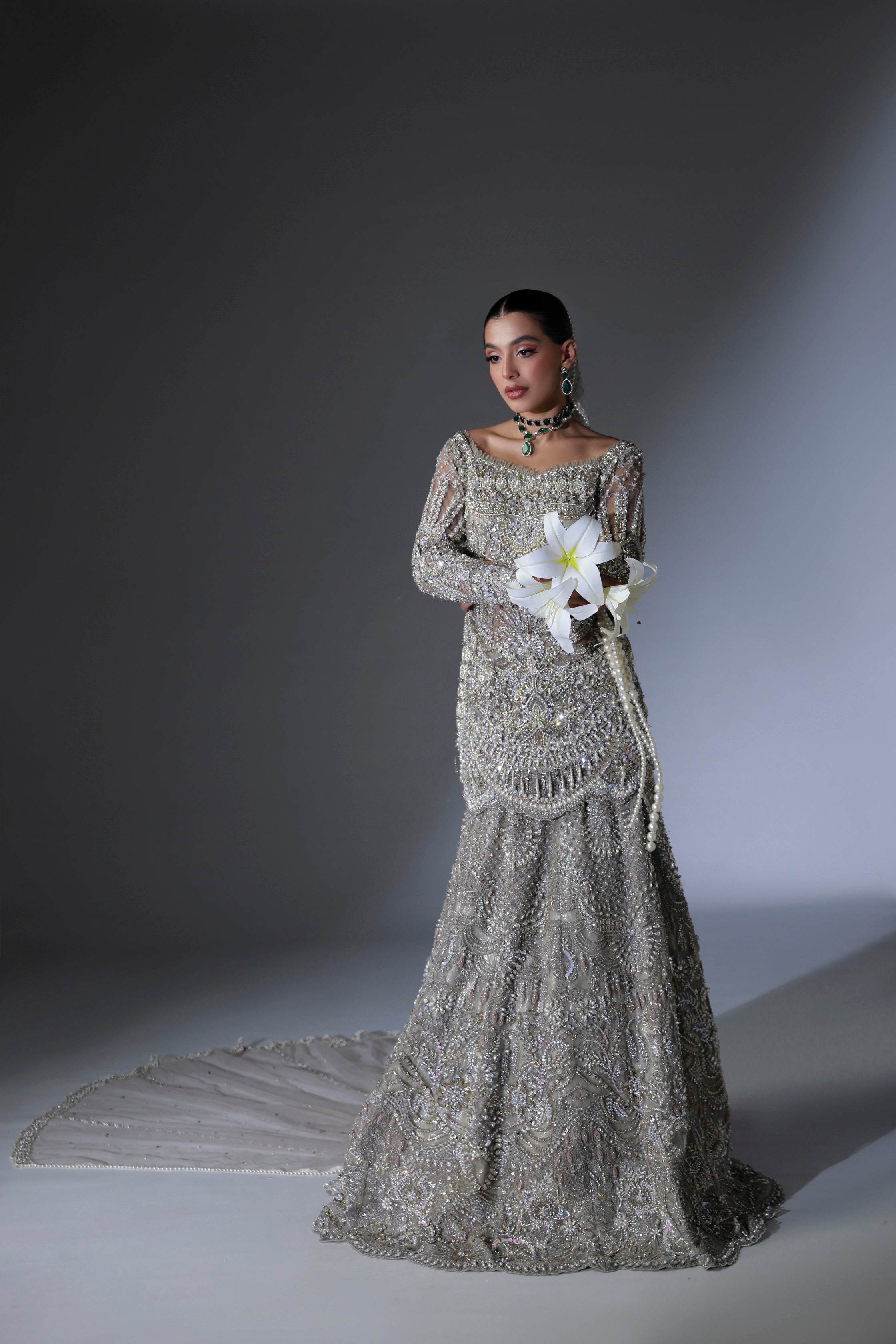 Pakistani Moon Grey Hand-Embellished Net Bridal Lehenga (3-Piece) - Image 9