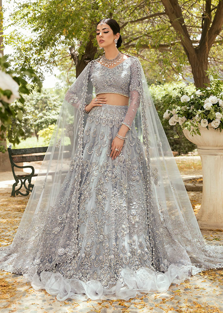 Pakistani Cloudy Grey Crystal Embellished Net Lehenga Choli (3-Piece) - Image 1