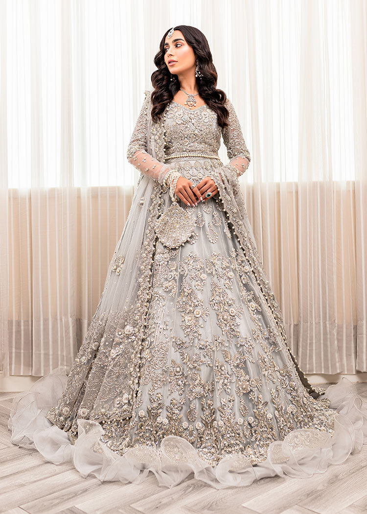 Indian Cloudy Grey Crystal Embroidered Net Lehnga Choli (3-Piece) - Image 2
