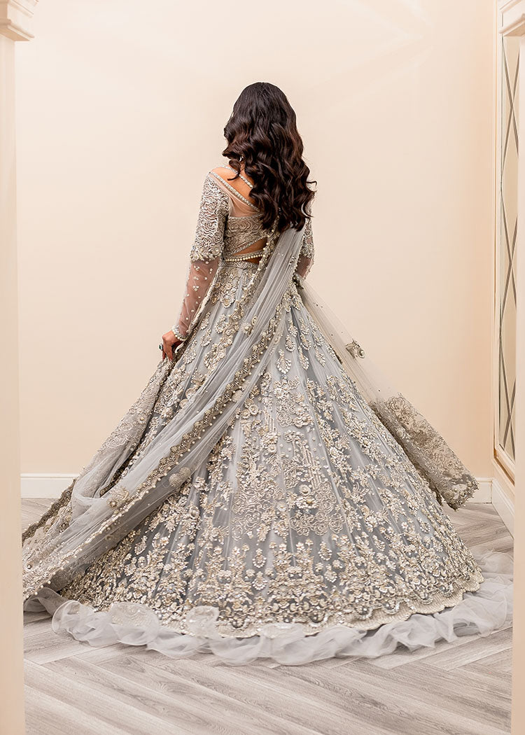 Indian Cloudy Grey Crystal Embroidered Net Lehnga Choli (3-Piece) - Image 3