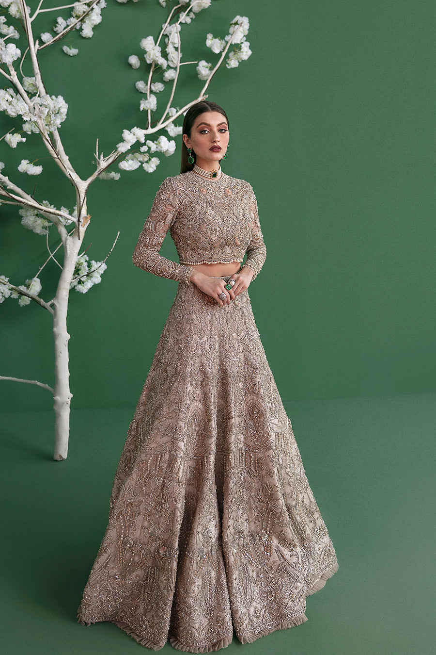 Light Grey Crystal Embroidered Net Bridal Lehnga Choli (3-Piece) - Image 1