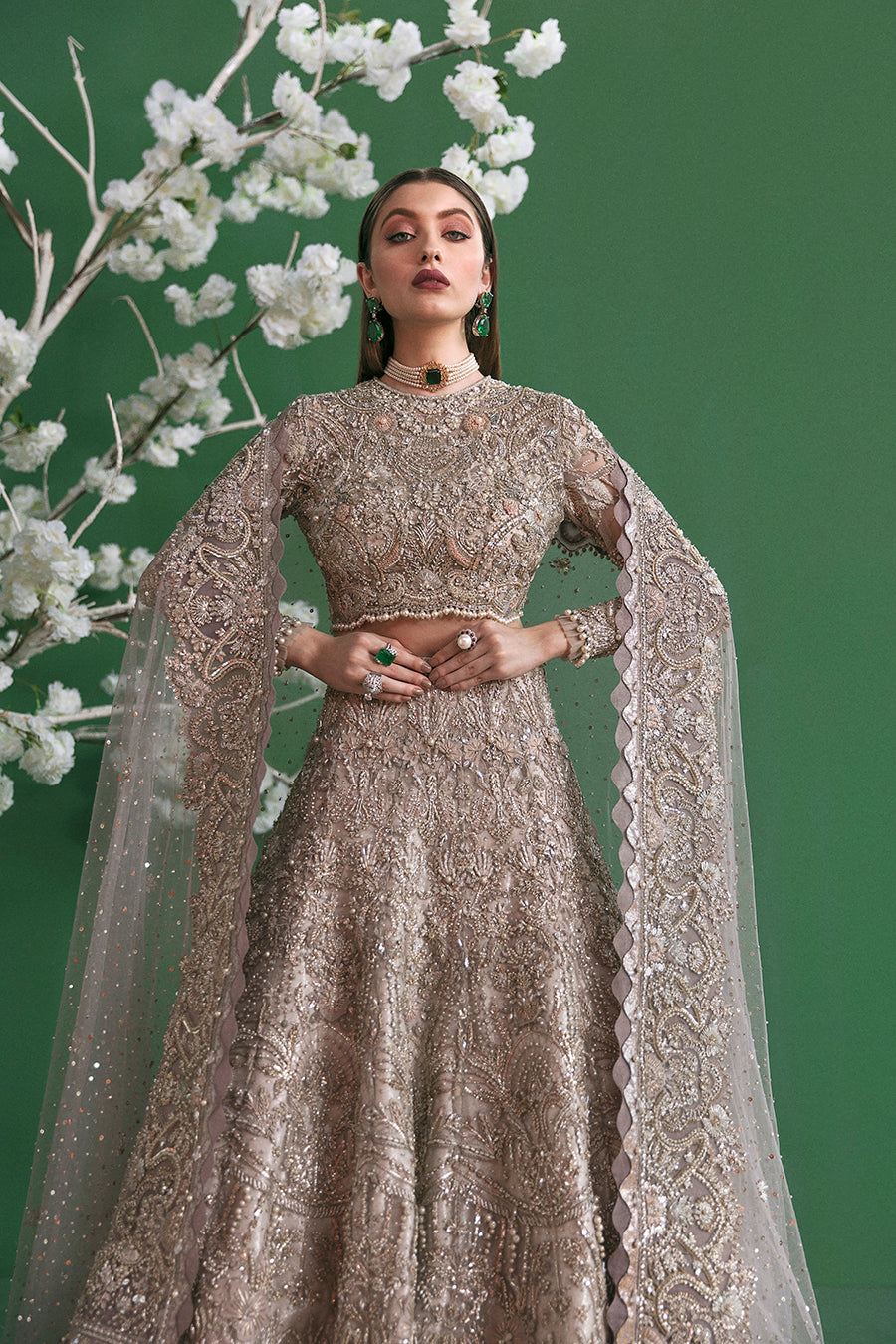 Light Grey Crystal Embroidered Net Bridal Lehnga Choli (3-Piece) - Image 2