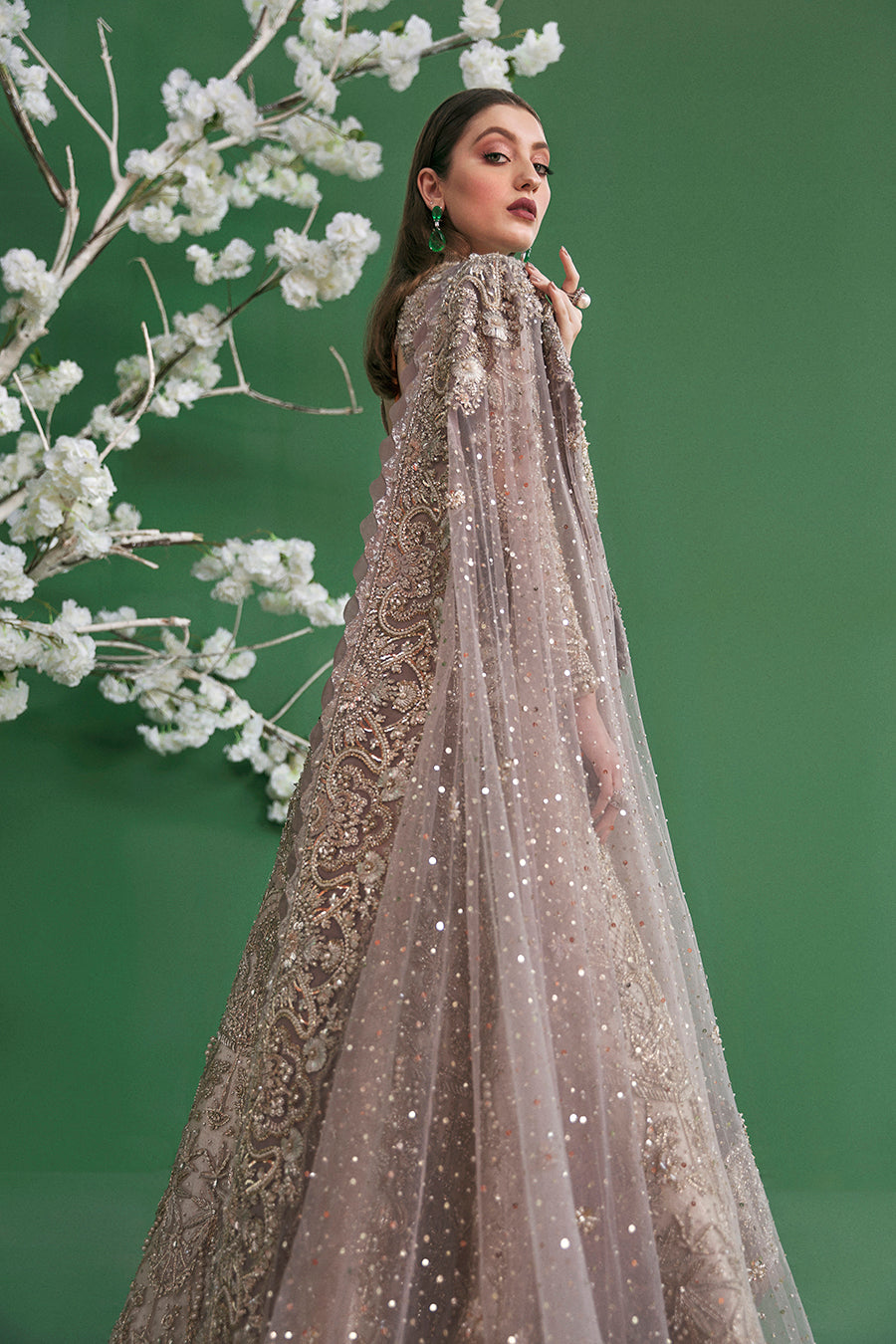 Light Grey Crystal Embroidered Net Bridal Lehnga Choli (3-Piece) - Image 3