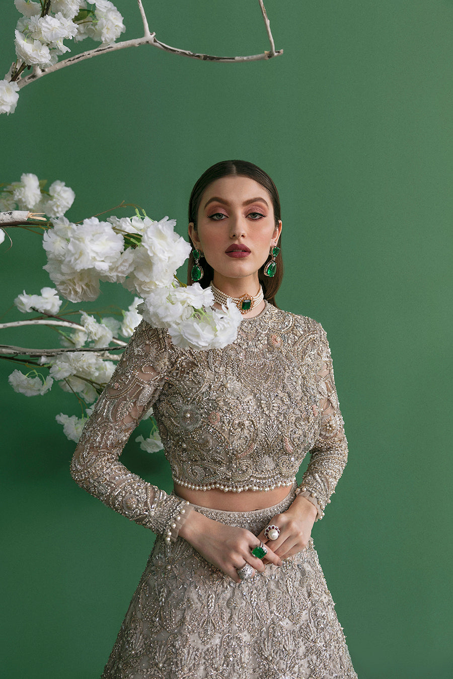 Light Grey Crystal Embroidered Net Bridal Lehnga Choli (3-Piece) - Image 4