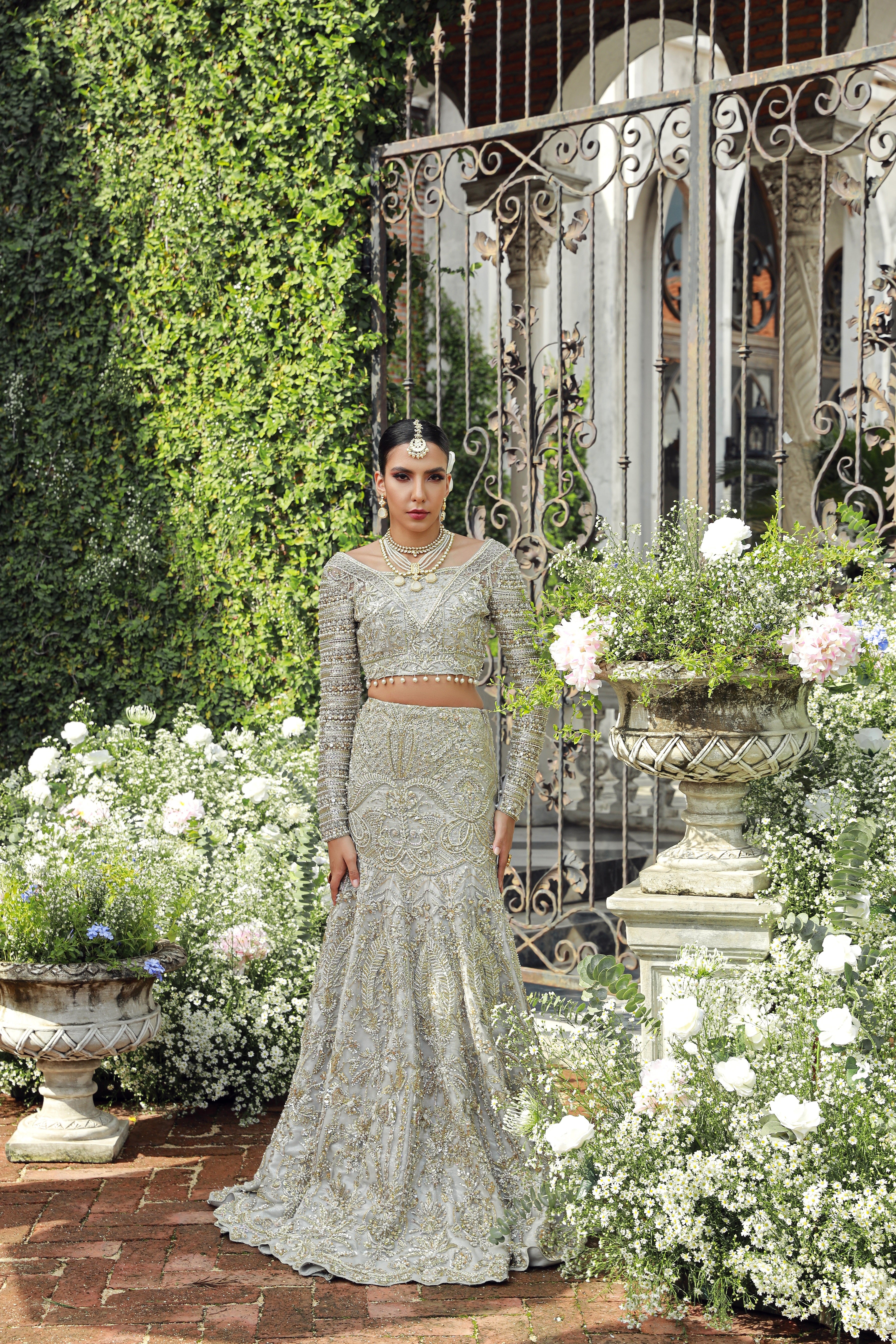 Pakistani Gainsboro Embellished Net Bridal Lehenga (3-Piece) - Image 1