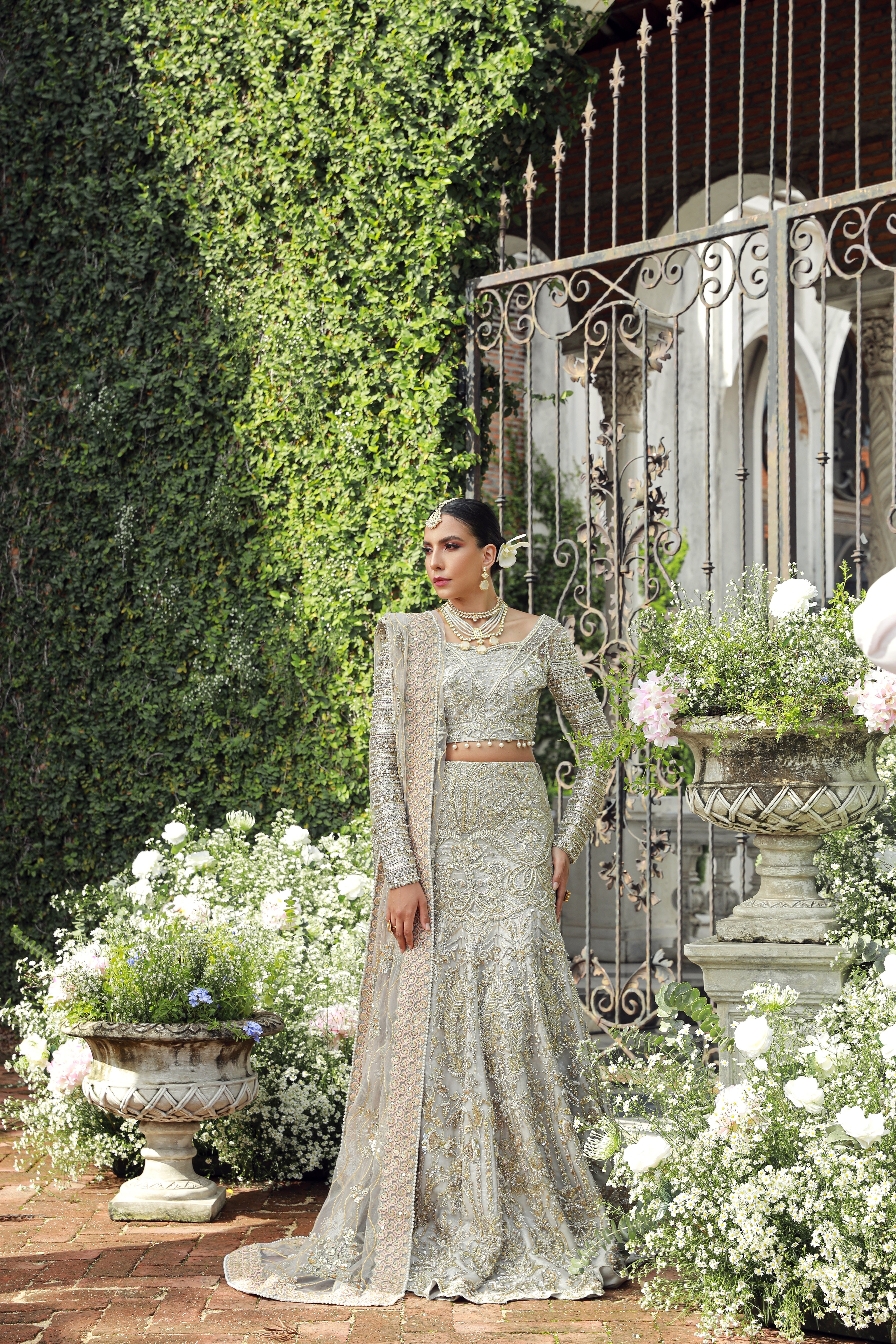 Pakistani Gainsboro Embellished Net Bridal Lehenga (3-Piece) - Image 3