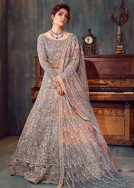 Pakistani Grey Embellished Net Bridal Lehenga Set (3-Piece) - Image 2