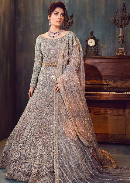 Pakistani Grey Embellished Net Bridal Lehenga Set (3-Piece) - Image 4