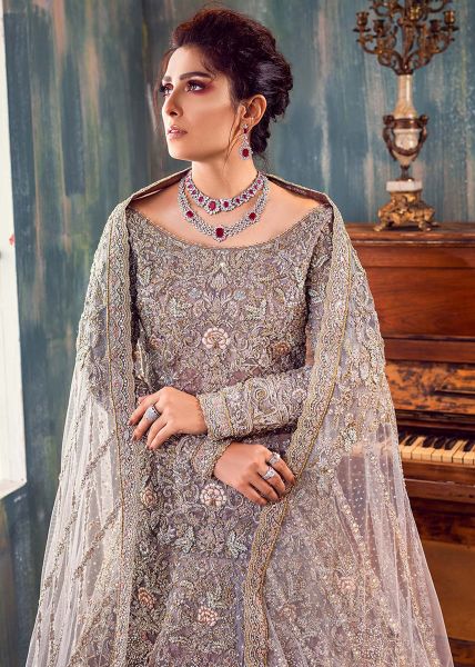 Pakistani Grey Embellished Net Bridal Lehenga Set (3-Piece) - Image 5