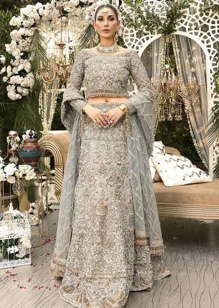 Pakistani Grey Embellished Net Bridal Lehenga Set (3-Piece) - Image 7