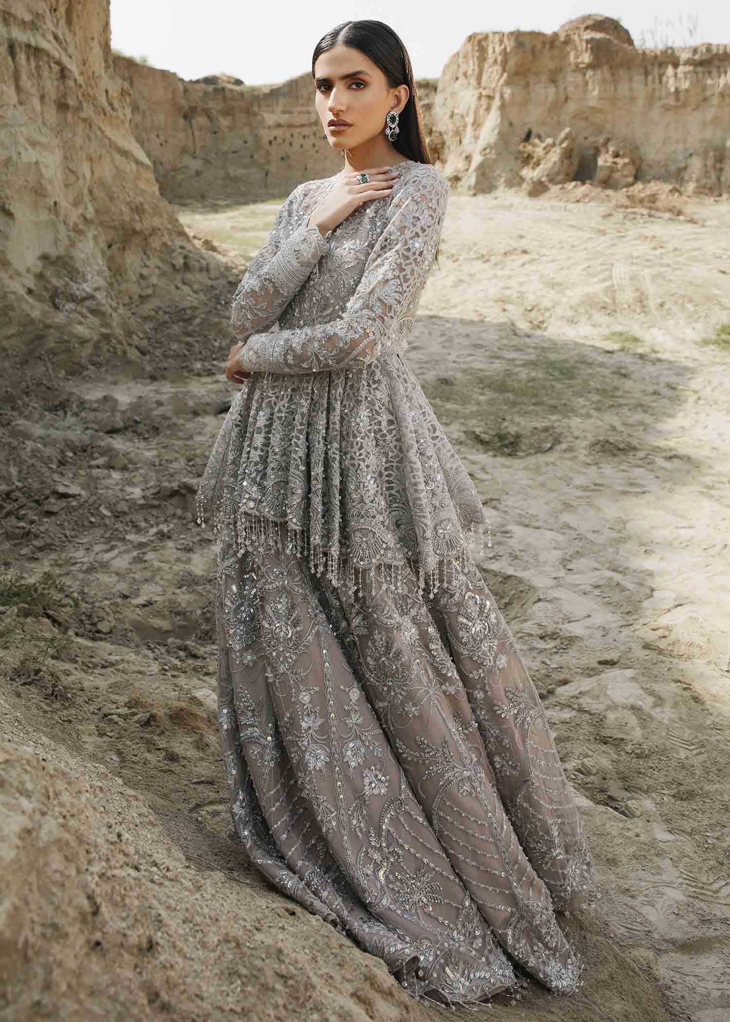 Sterling Grey Embroidered Net Peplum Lehenga (3-Piece) - Image 1