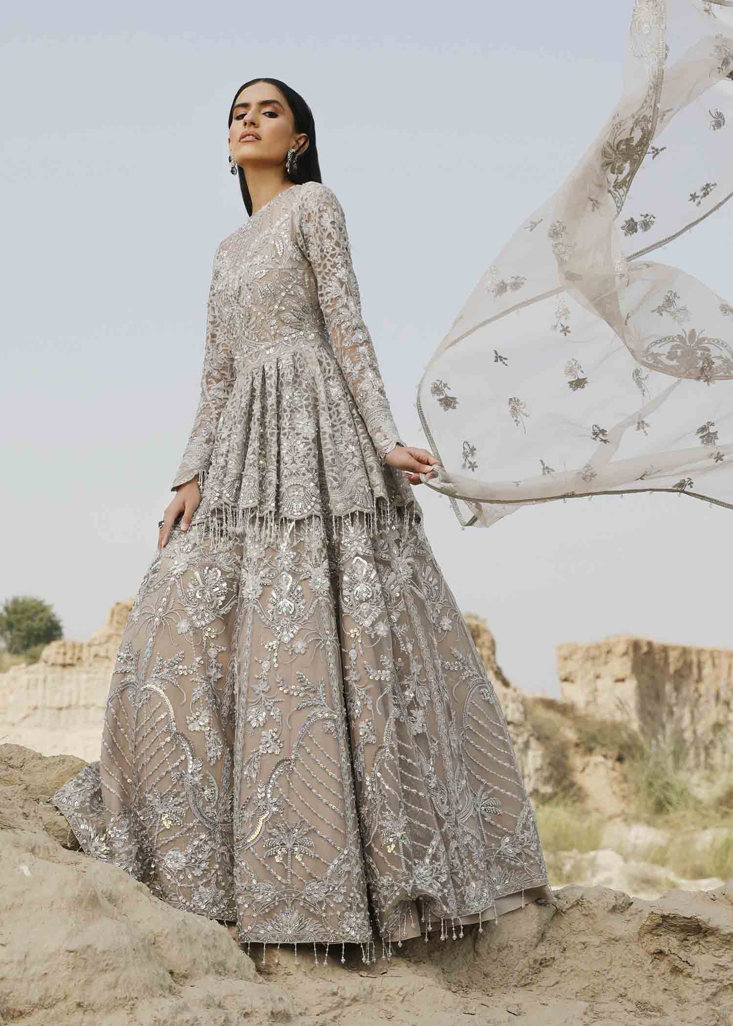 Sterling Grey Embroidered Net Peplum Lehenga (3-Piece) - Image 2