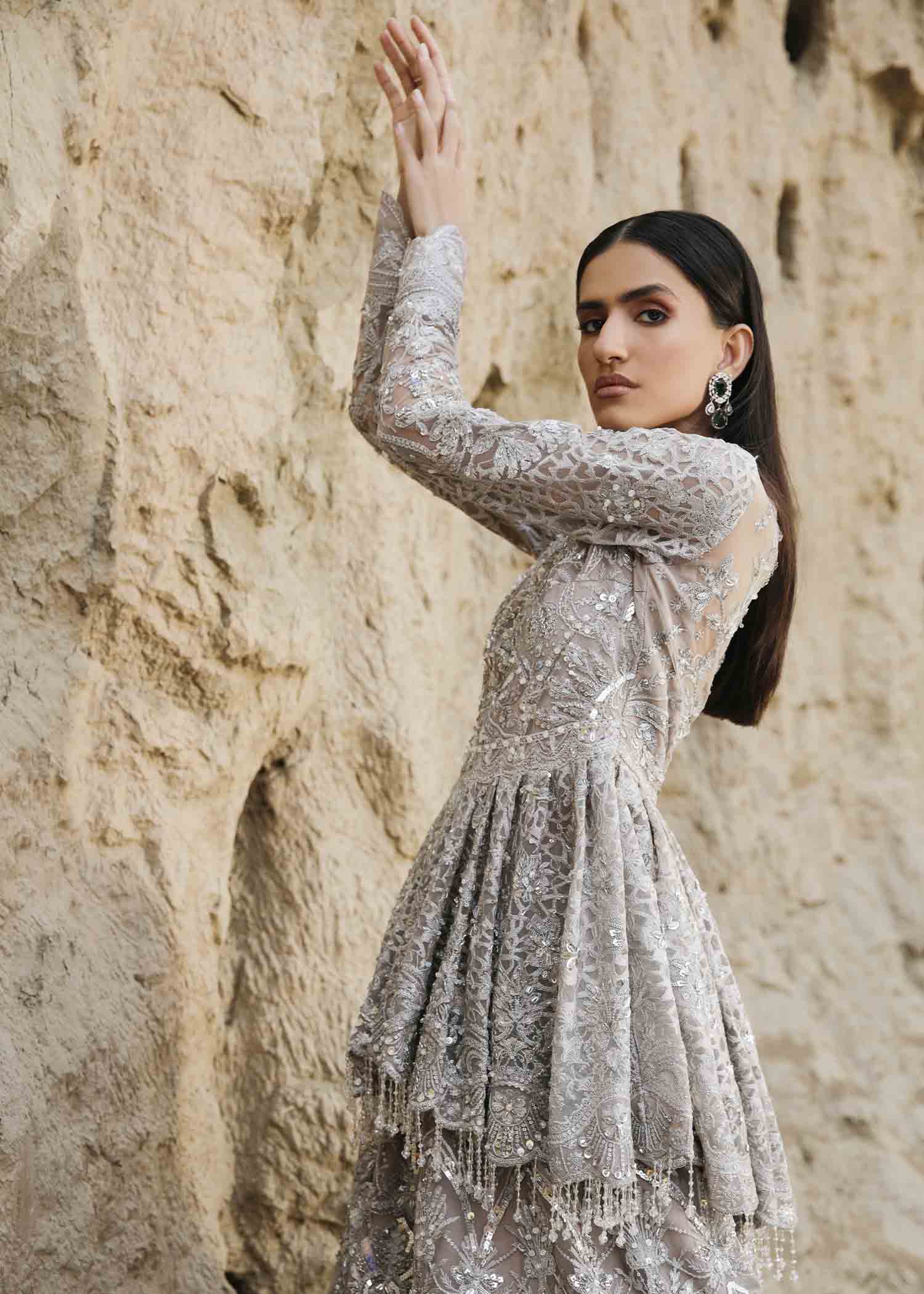 Sterling Grey Embroidered Net Peplum Lehenga (3-Piece) - Image 3