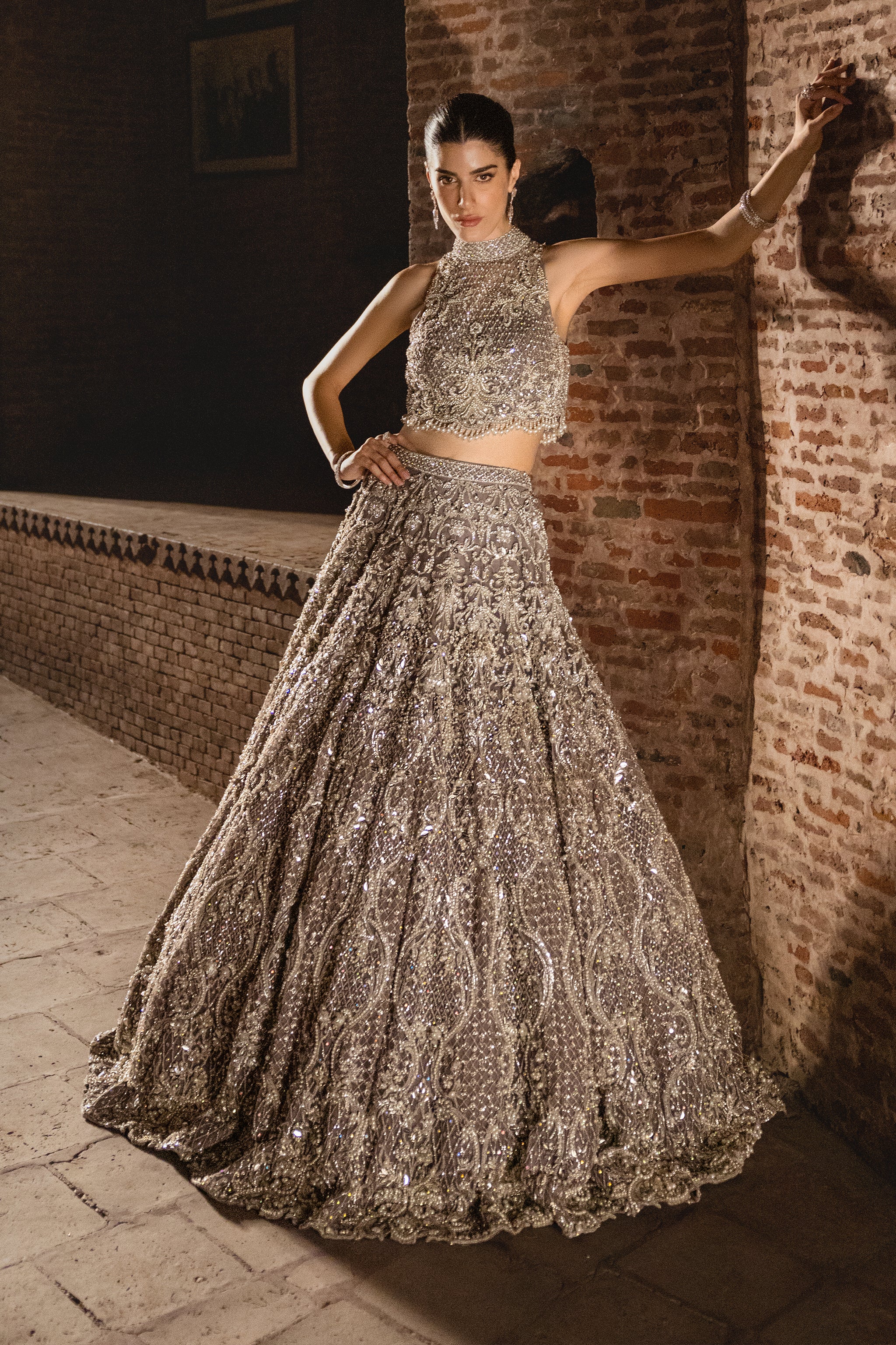 Lilac Grey Embellished Net Lehnga Choli (3-Piece) - Image 1