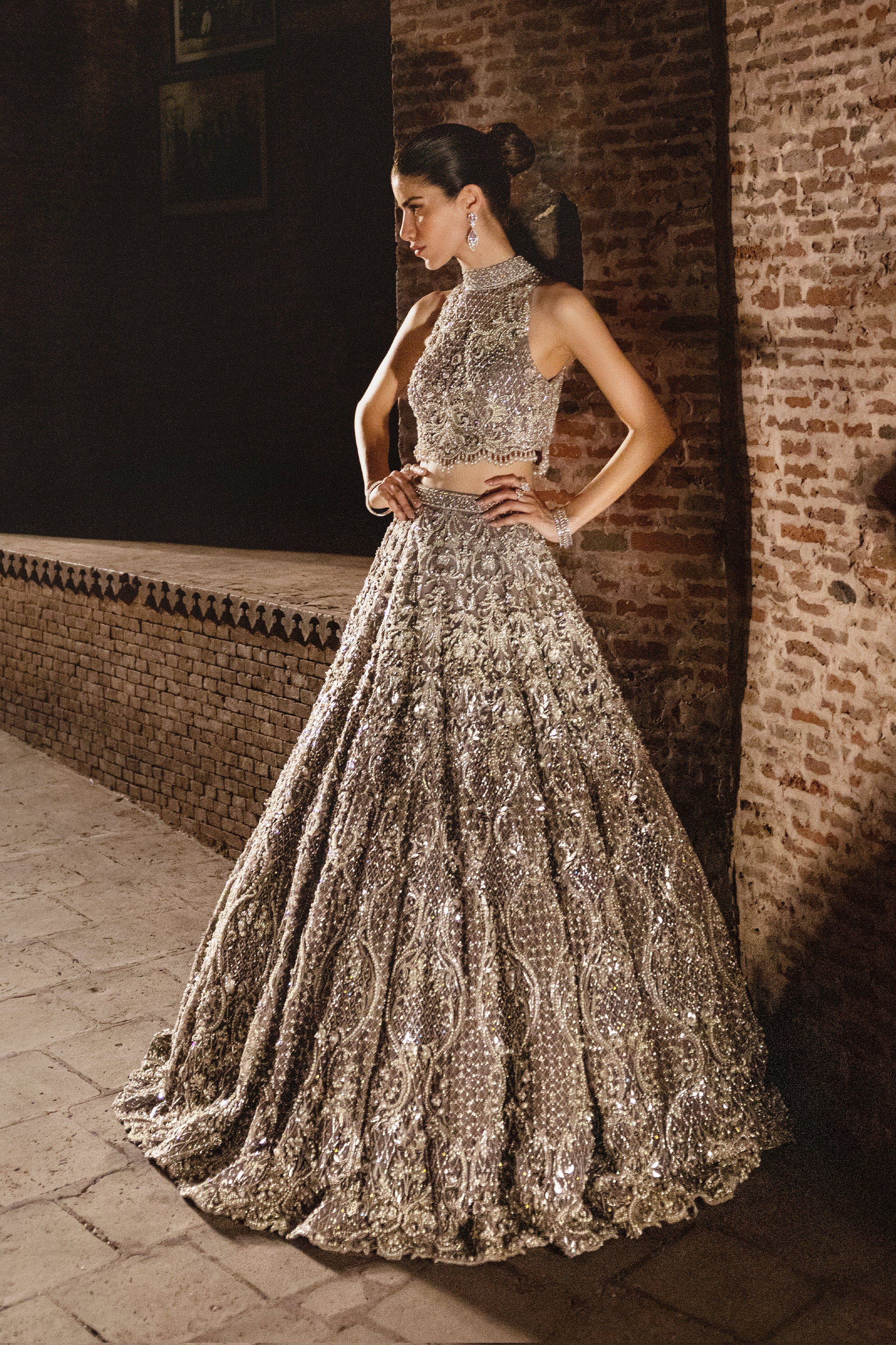 Lilac Grey Embellished Net Lehnga Choli (3-Piece) - Image 3