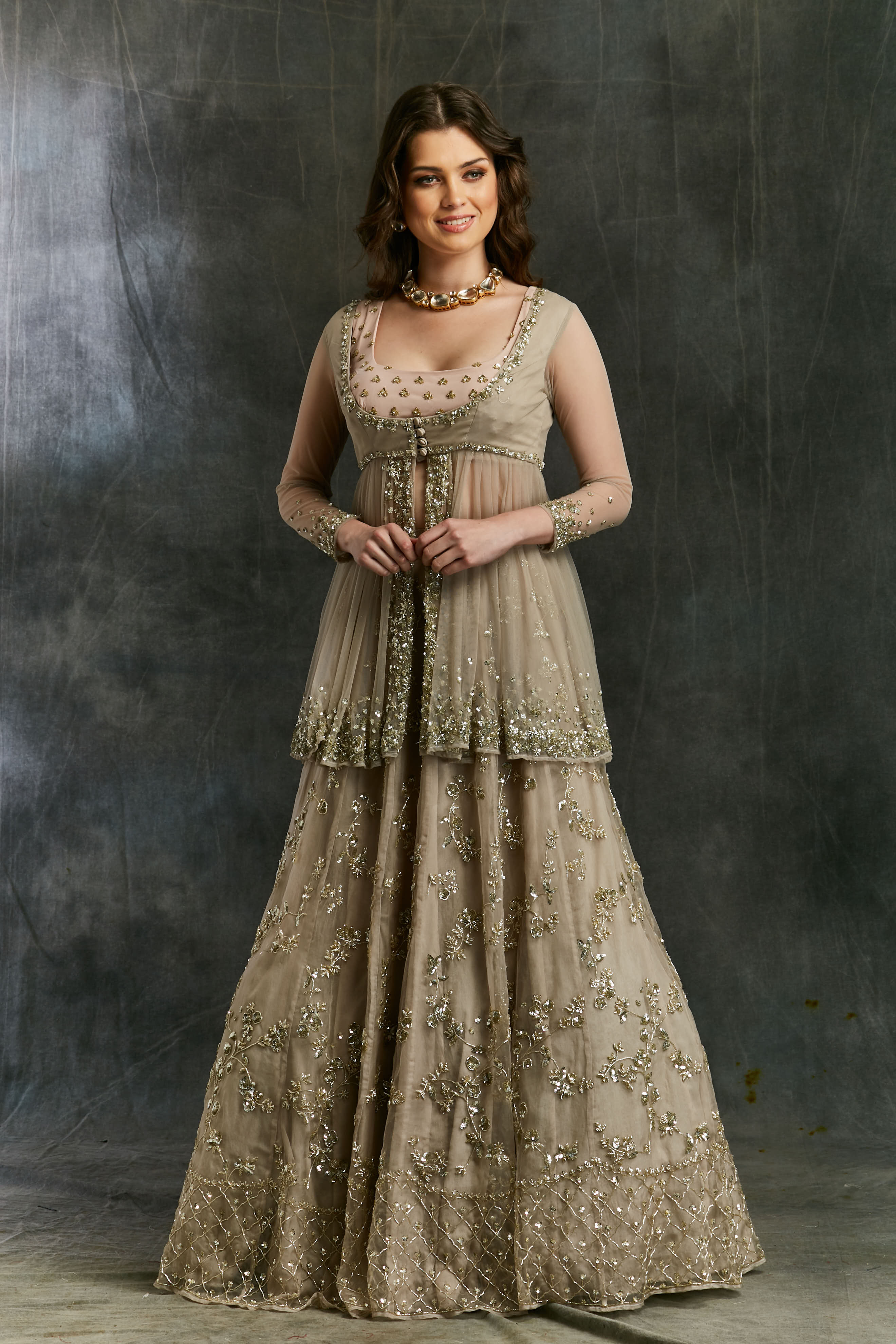 Indian Grey Sequin Net Organza Lehenga (2-Piece) - Image 4