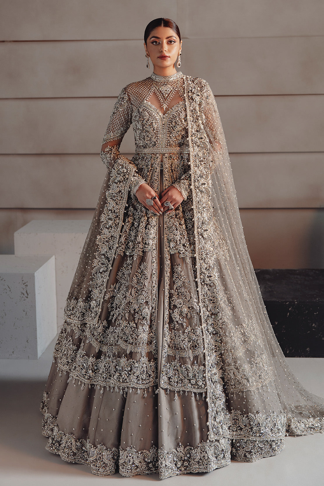 Indian Grey Embellished Net Bridal Peshwas Lehenga (3-Piece) - Image 1