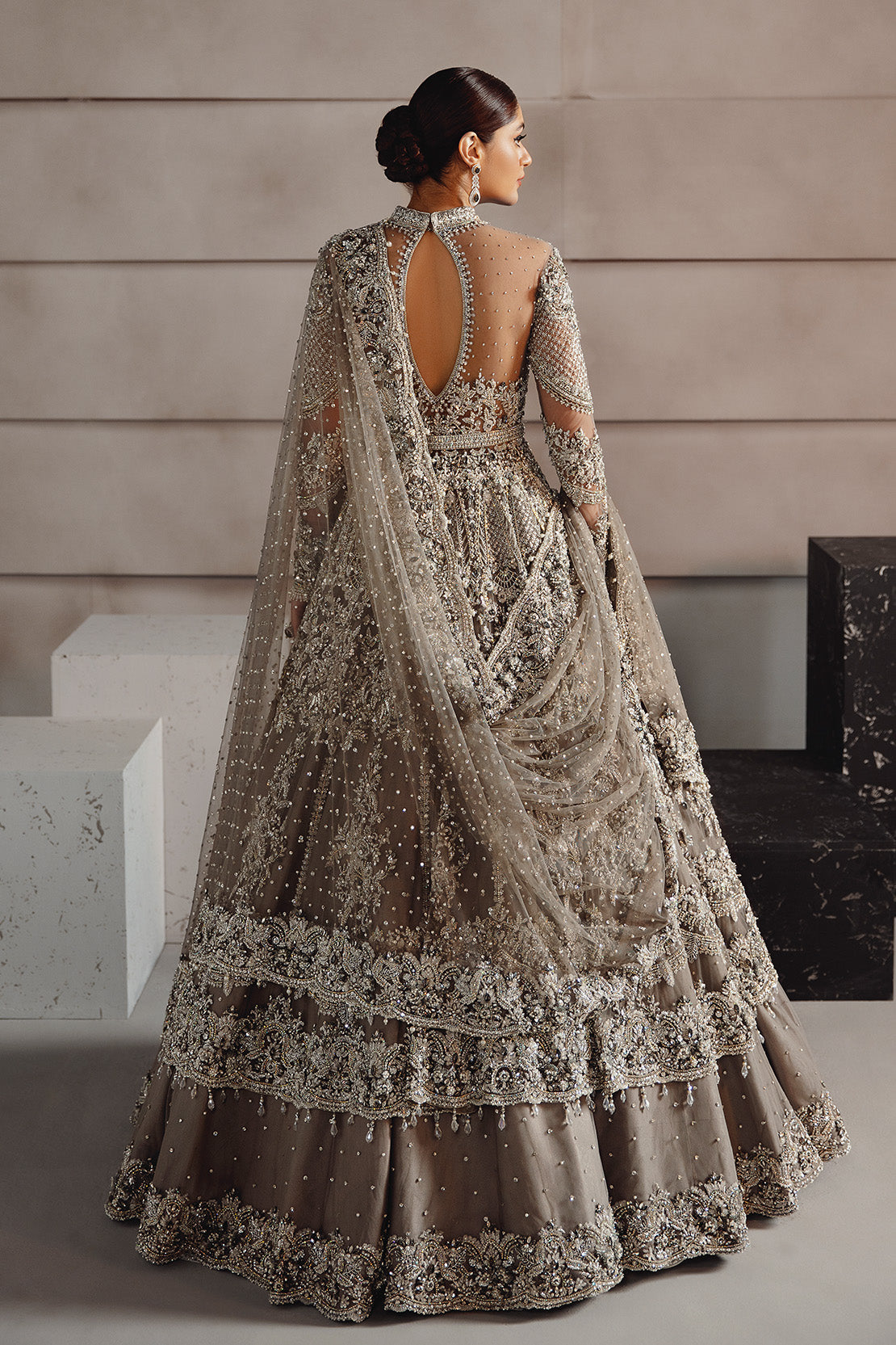 Indian Grey Embellished Net Bridal Peshwas Lehenga (3-Piece) - Image 2